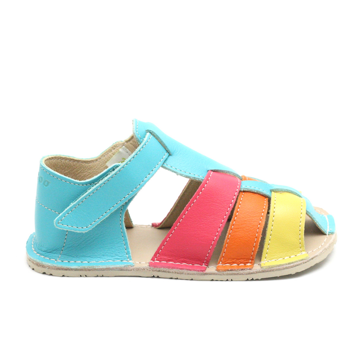 Zeazoo Marlin barfodssandal i turkis med pink, orange og gule remme fra ydersiden