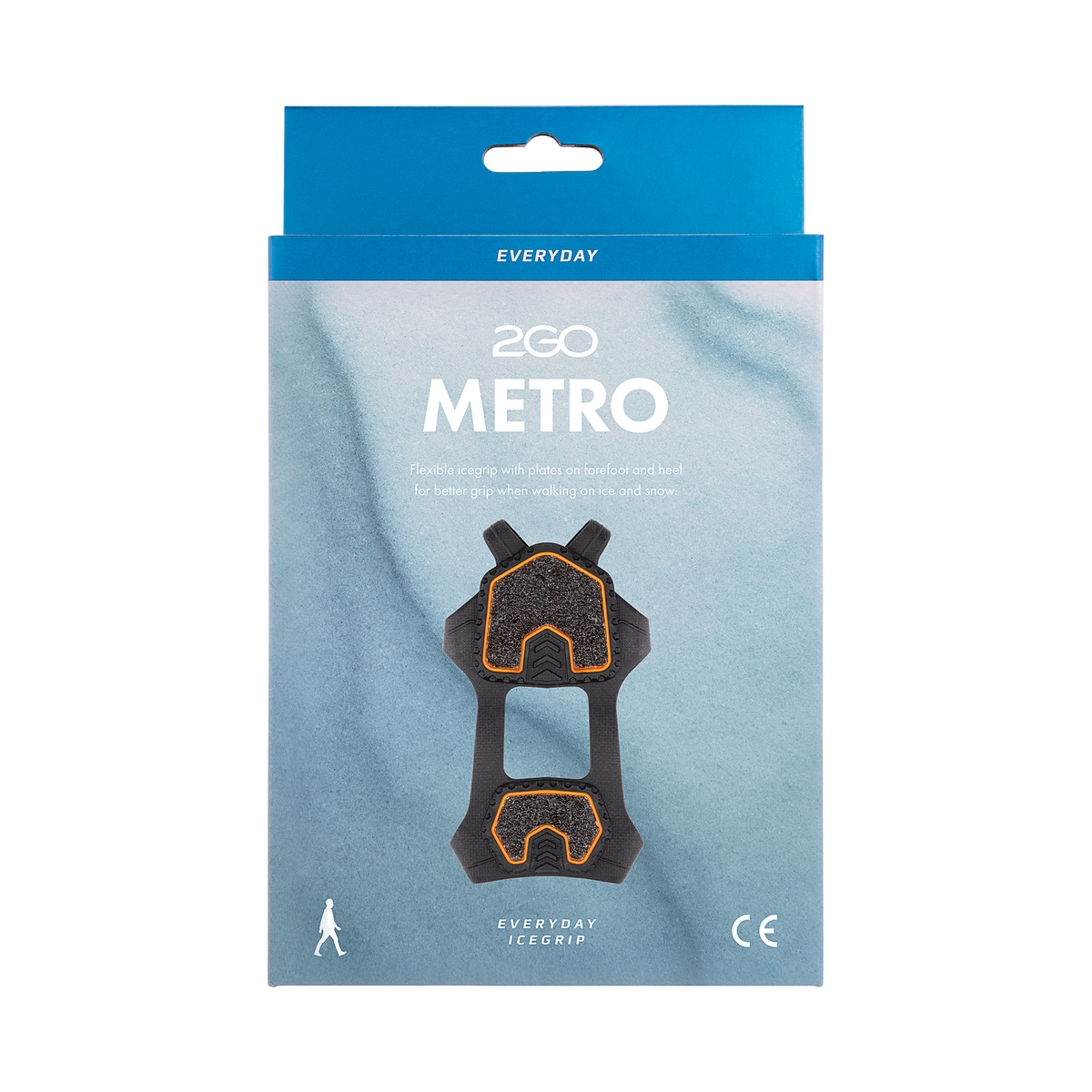 Blå emballage til Metro isbrodde med CE-mærke og teksten Everyday Icegrip