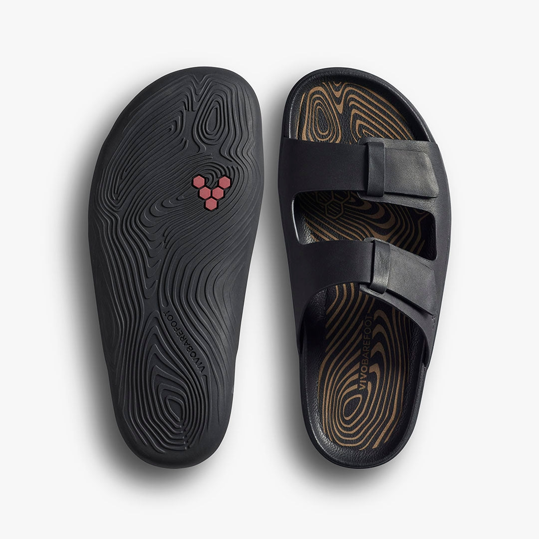 Vivobarefoot Sensus Yin Slide Mens barfodssandal til mænd i farven Obsidian, sål og overside