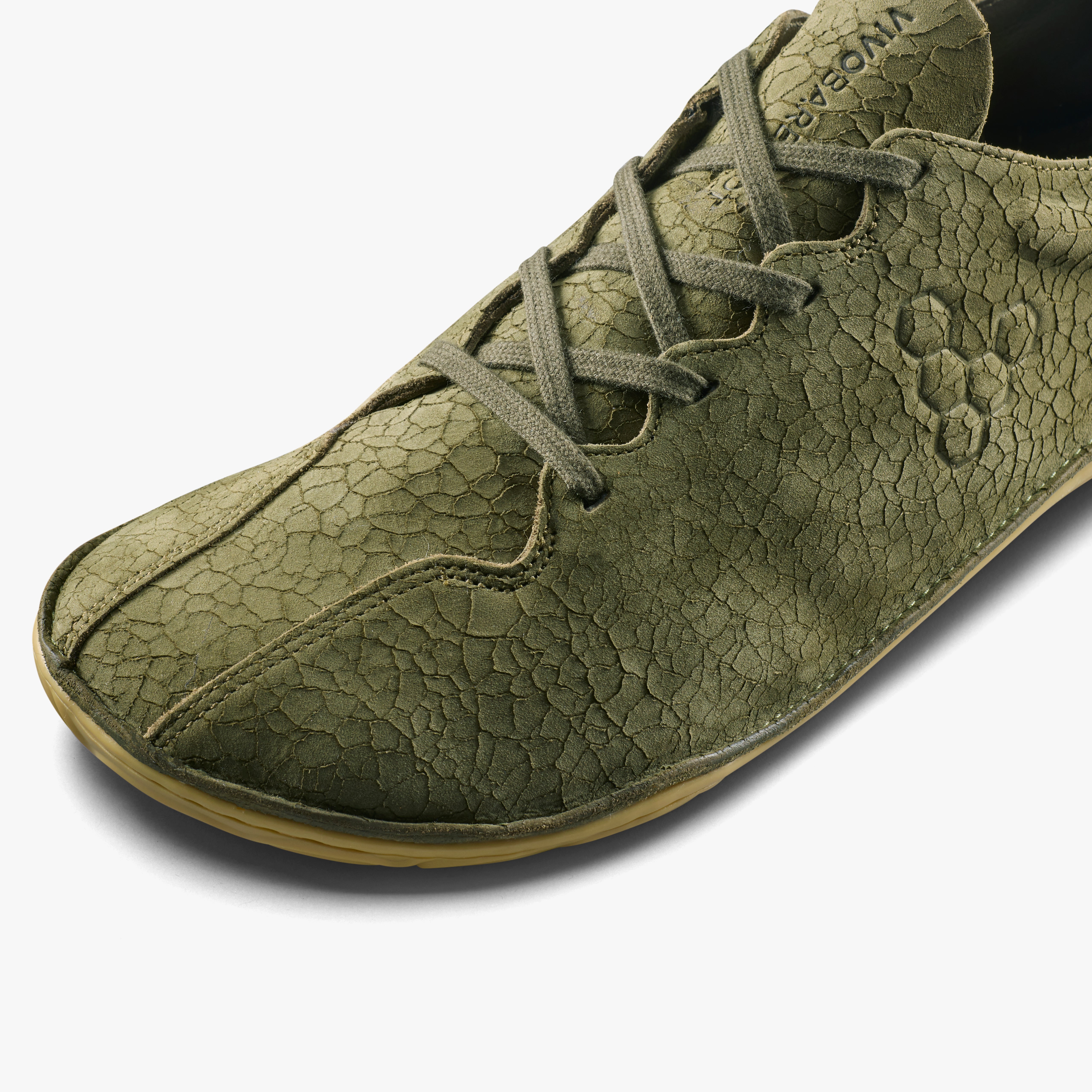 Vivobarefoot Sensus II Mens Dark Olive Cracked Leather, detalje nærbillede