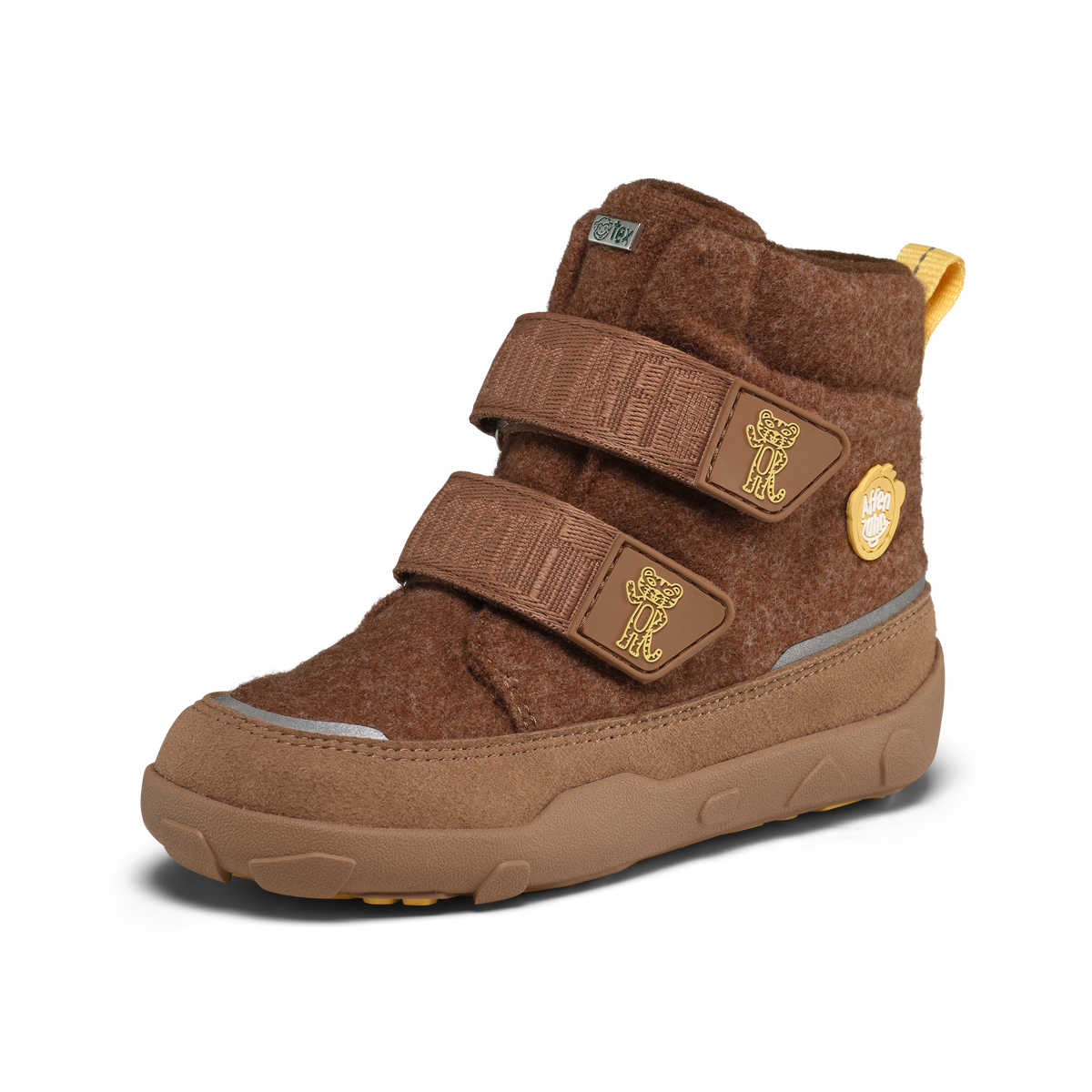 Brun uldstøvle set skråt forfra med gul tigerfigur på stropperne