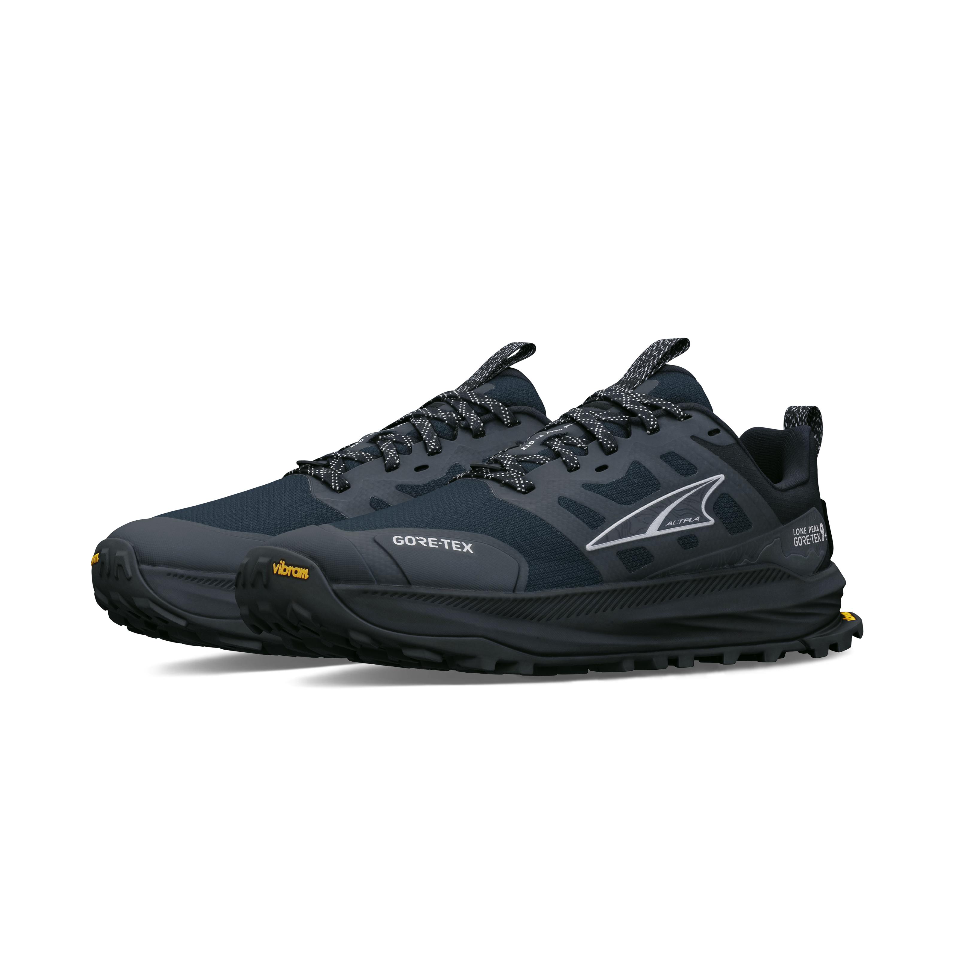 Par Altra Lone Peak 9+ GTX vandresko til damer i Black/Black set skråt forfra