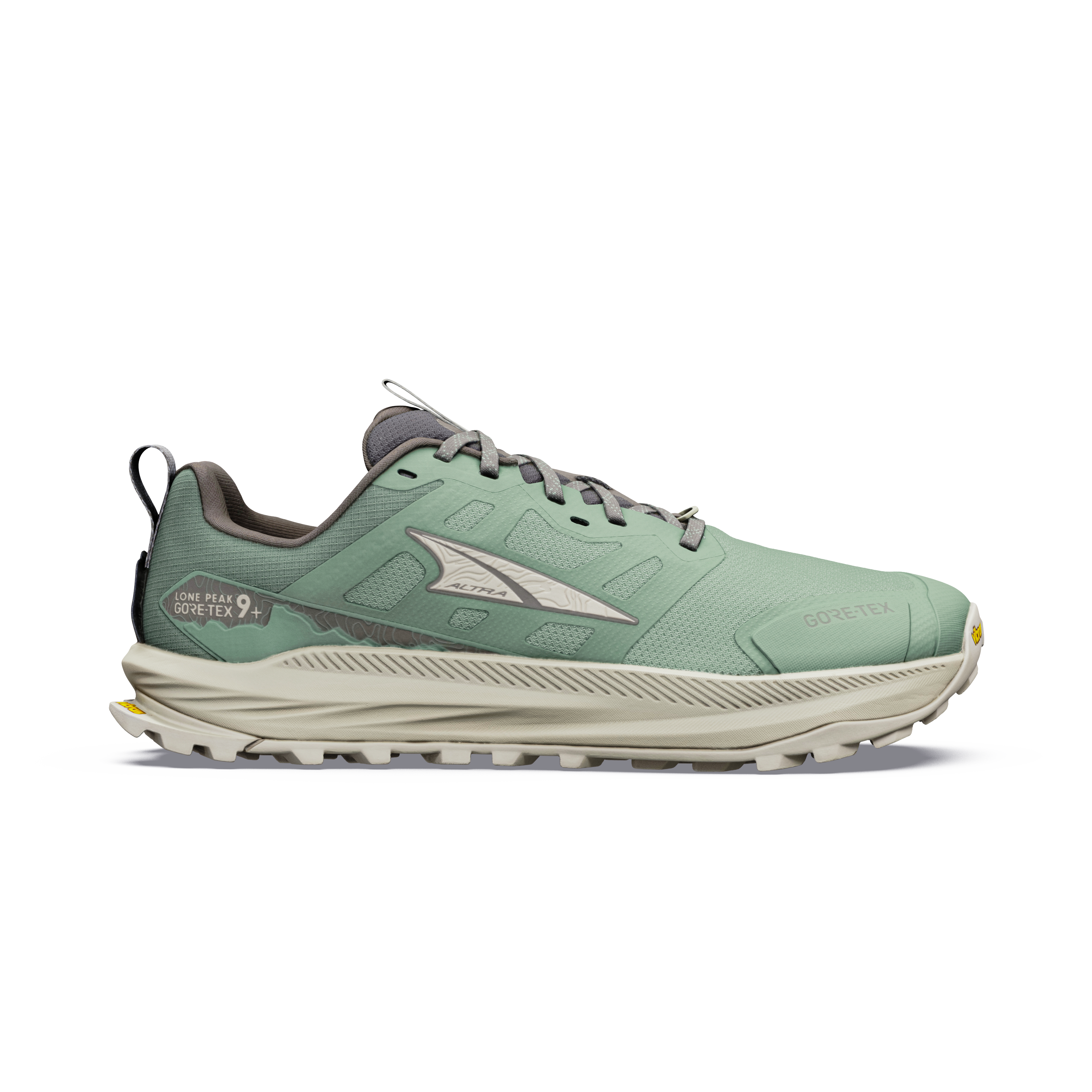 Altra Lone Peak 9+ GTX vandresko til herrer i Sea Spray/Island Fossil set fra siden