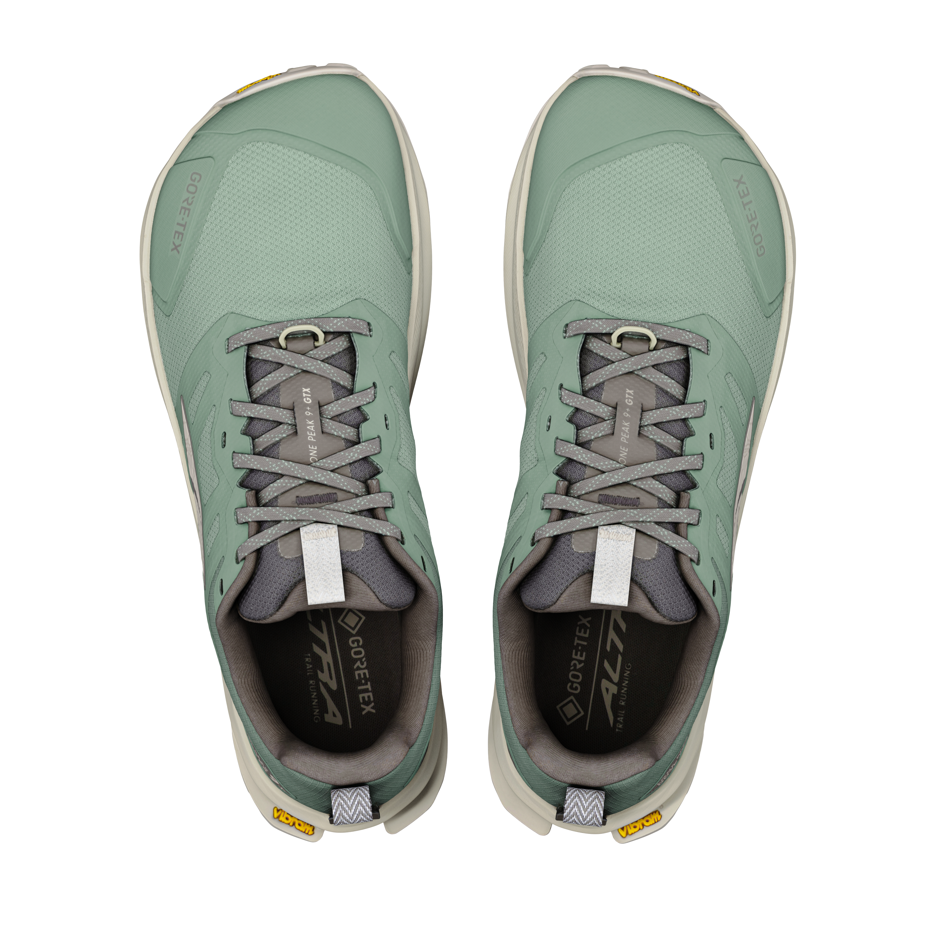 Par Altra Lone Peak 9+ GTX vandresko til herrer i Sea Spray/Island Fossil set ovenfra