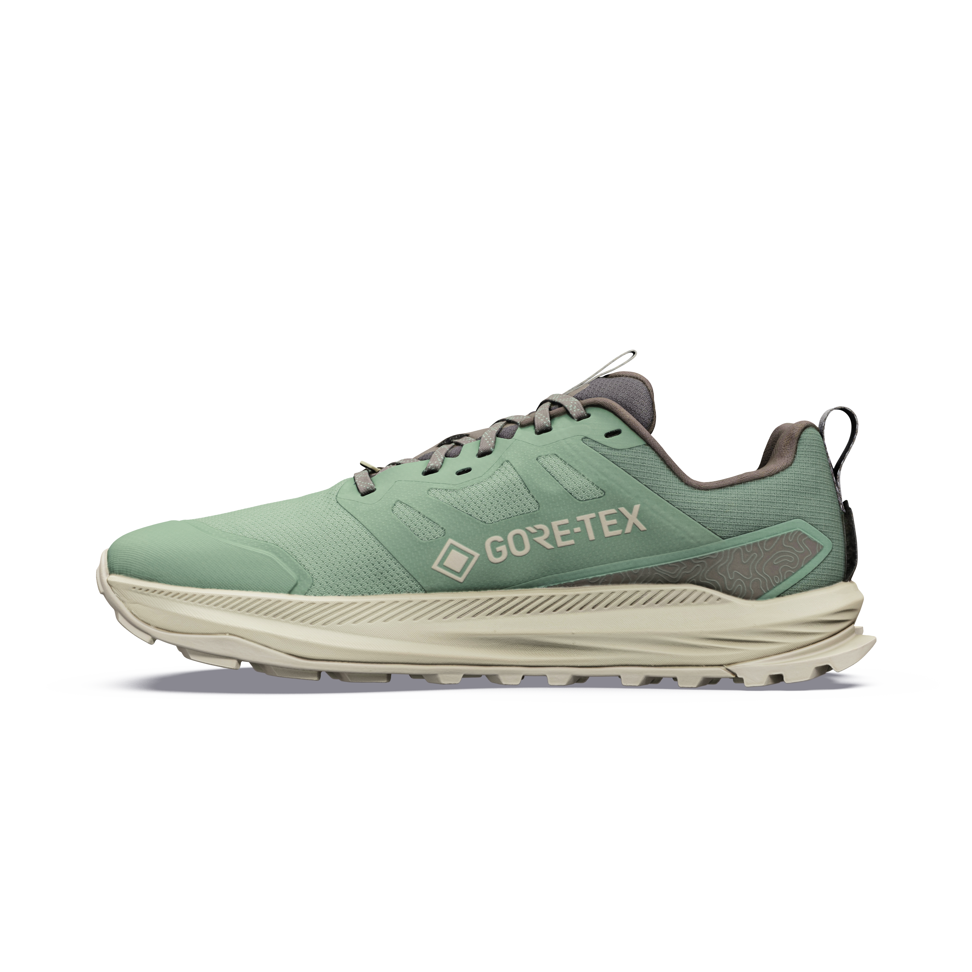 Indersiden af Altra Lone Peak 9+ GTX vandresko til herrer i Sea Spray/Island Fossil med GORE-TEX-mærke