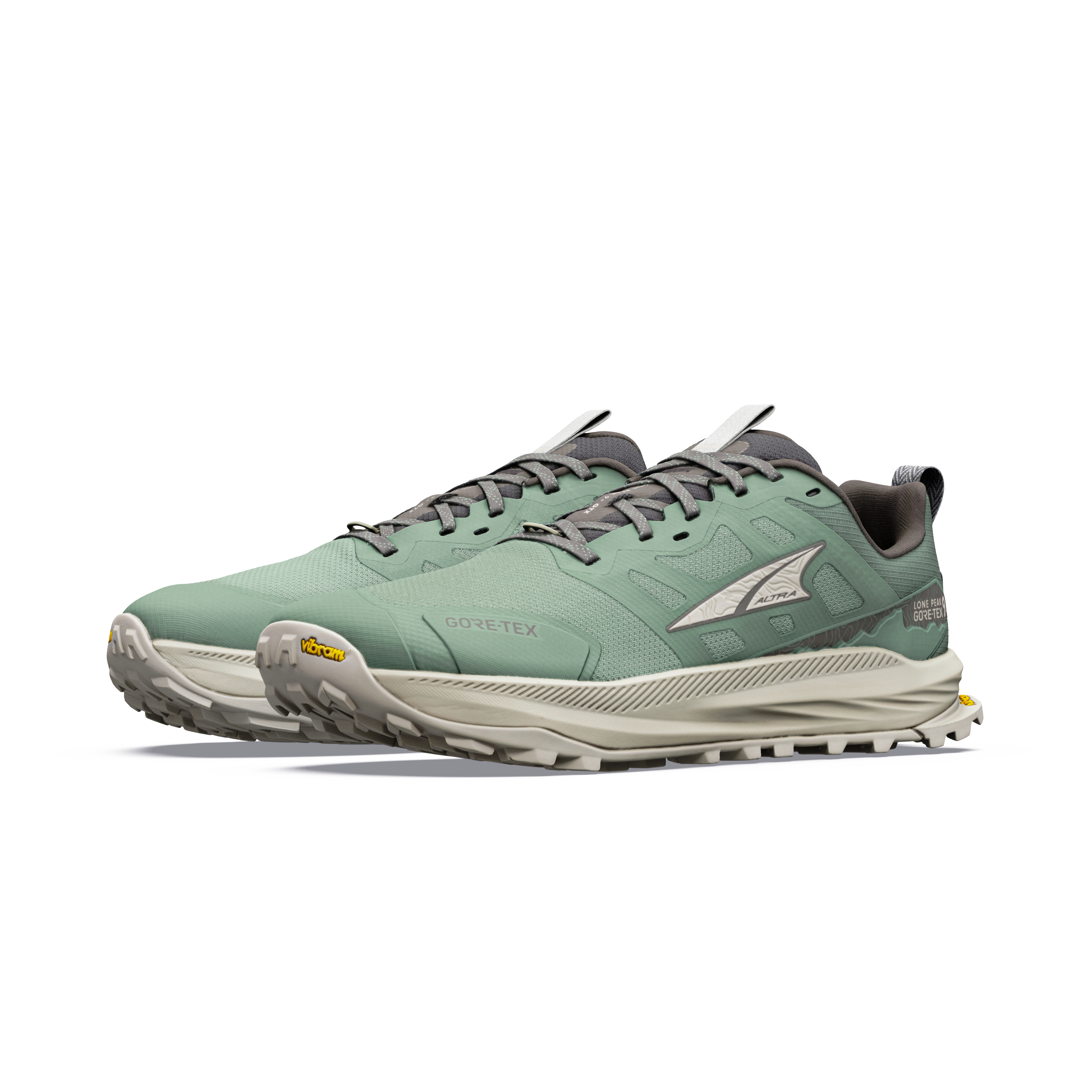 Par Altra Lone Peak 9+ GTX vandresko til herrer i Sea Spray/Island Fossil set skråt forfra