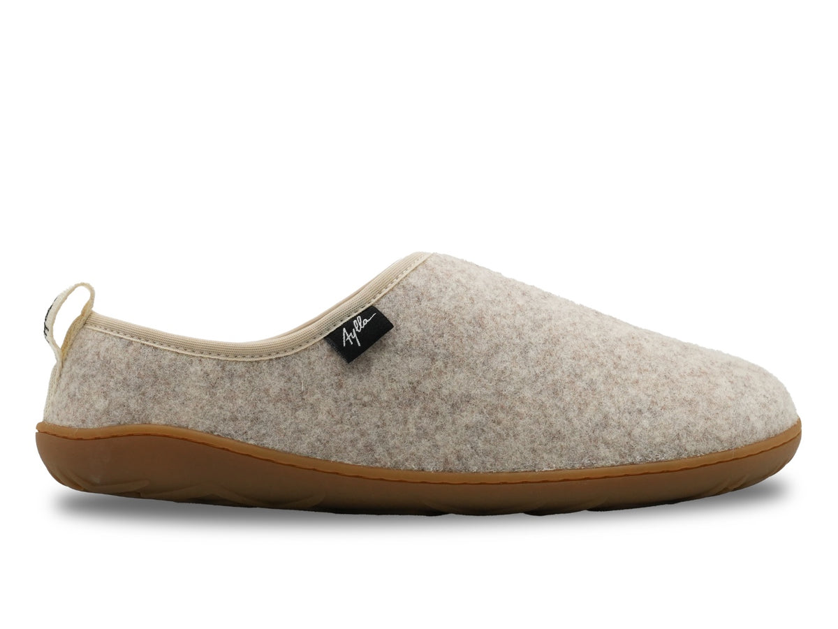 Aylla Wasi II Natural barfodshjemmesko i beige uldfilt set fra ydersiden