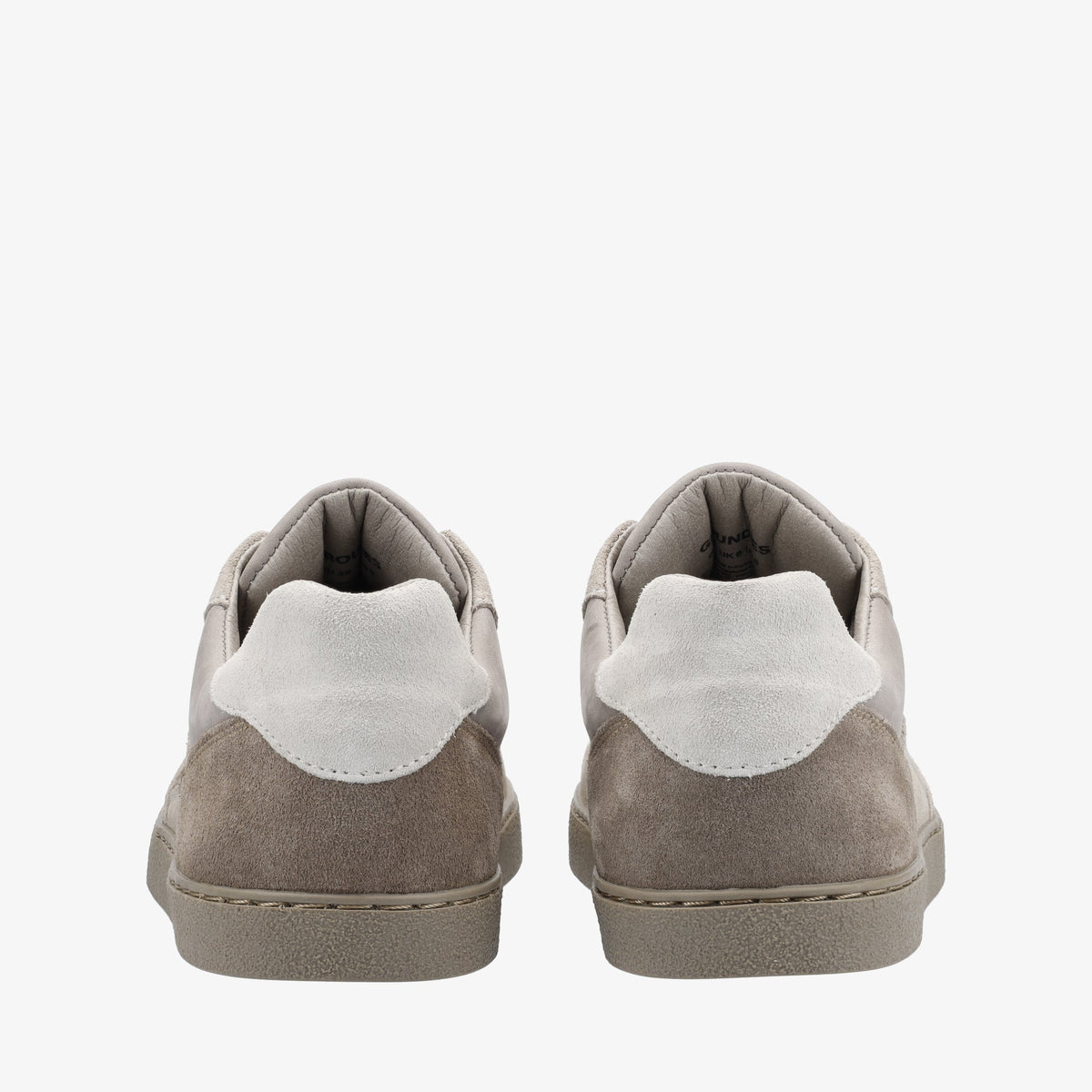Groundies Nova GS1 barfodssko til kvinder i grå og offwhite ruskind og nubuck, par set bagfra
