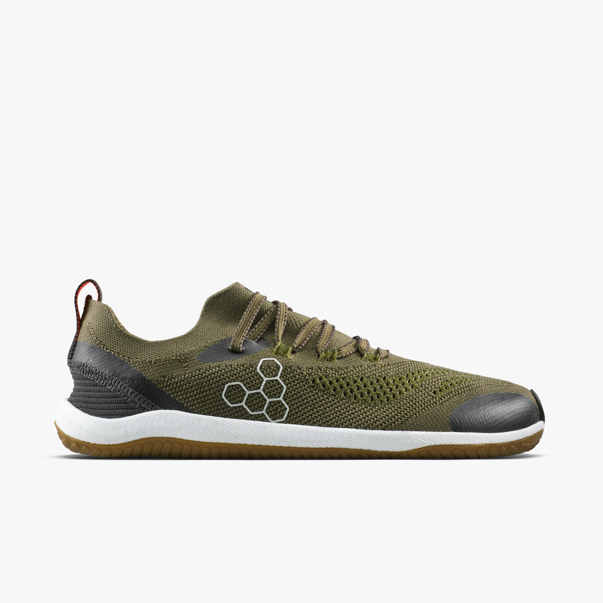 Vivobarefoot Primus Flow Knit barfodssko til mænd i mørk oliven strik, set fra ydersiden