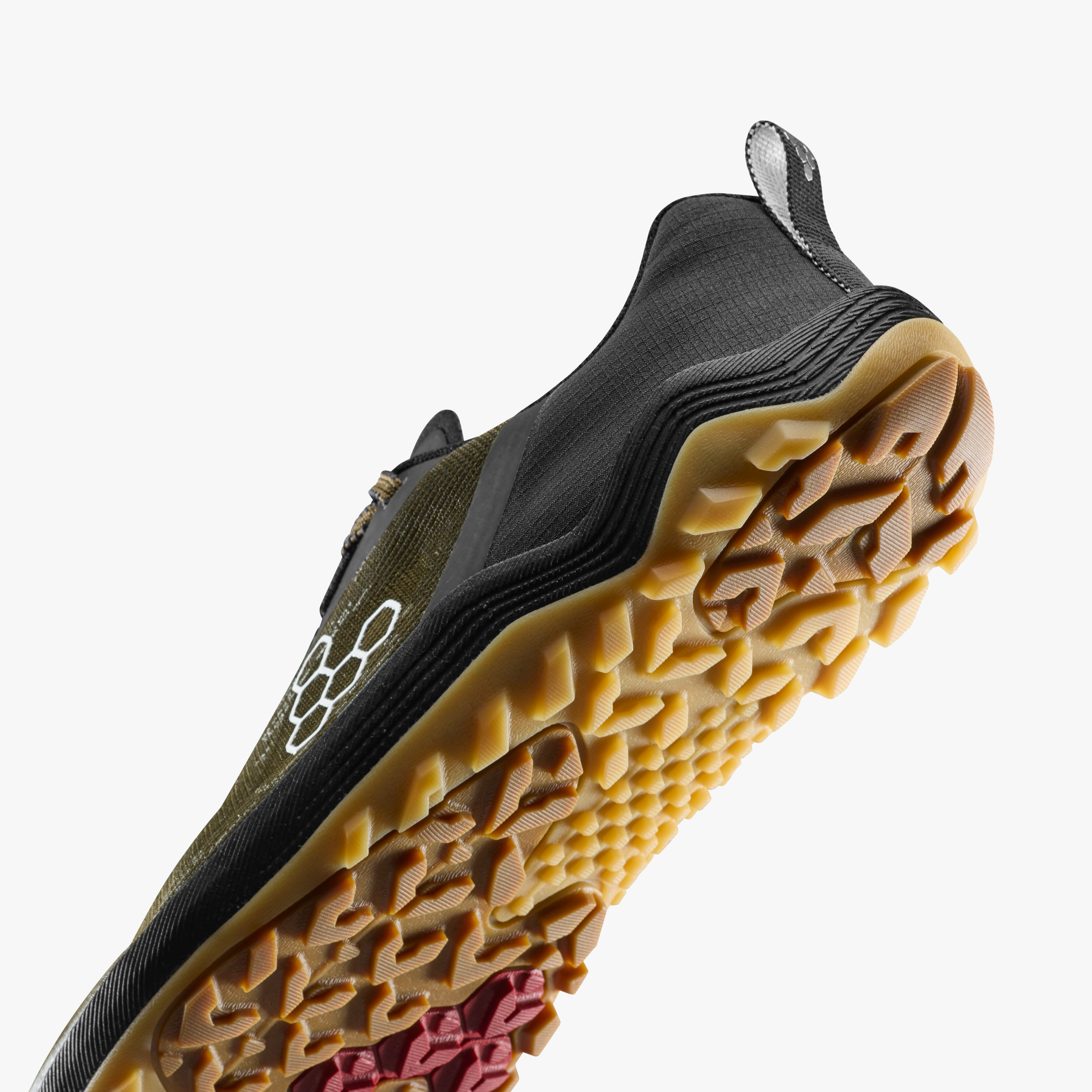 Vivobarefoot Primus Trail Flow Mens barfodssko til mænd i farven dark olive/gum, nærbillede