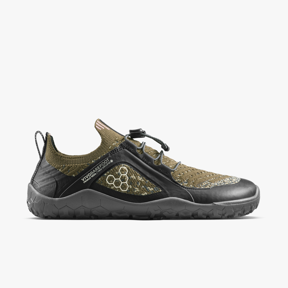 Vivobarefoot Primus Trail Knit FG Grounding barfodssko i mørk olivengrøn strik set fra ydersiden