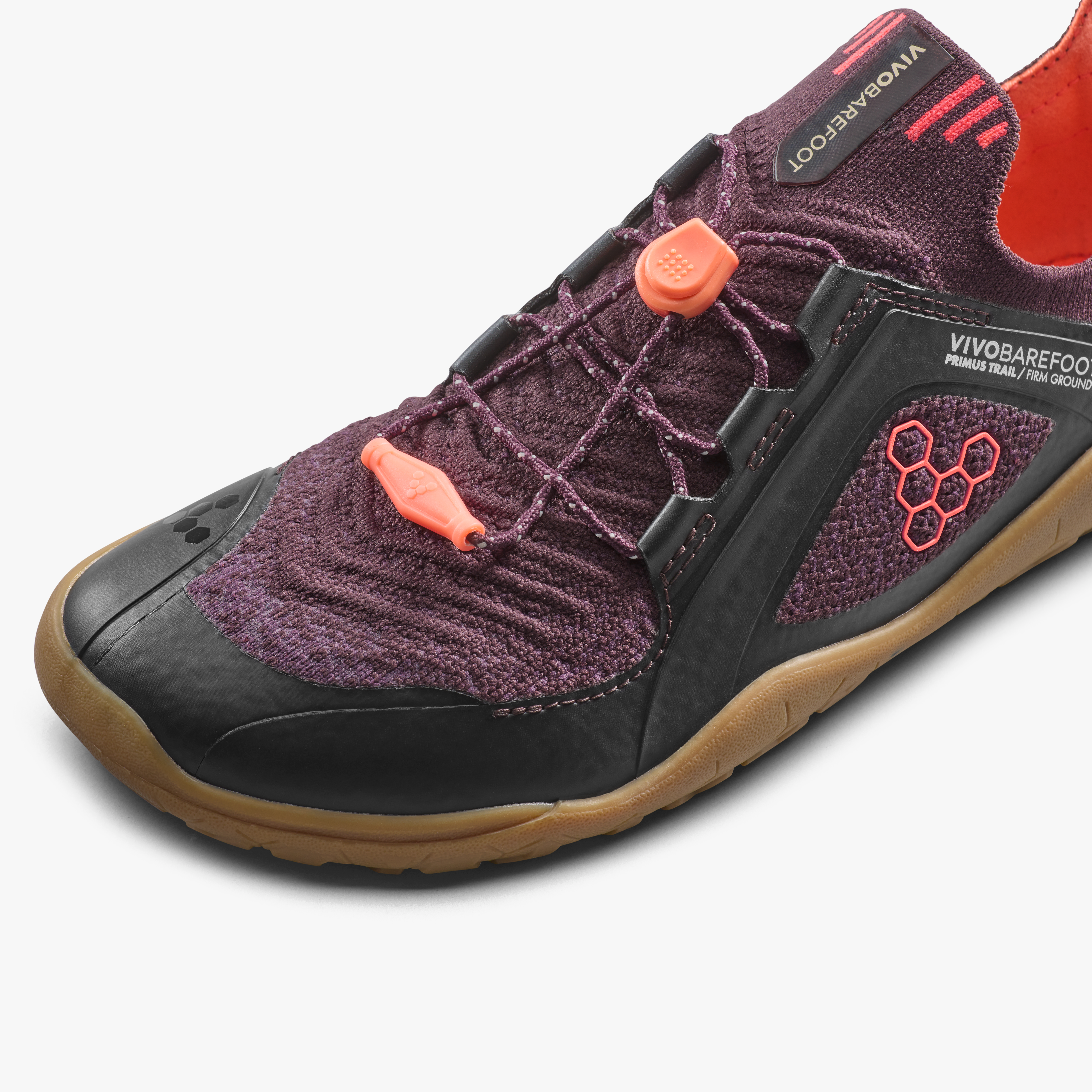 Vivobarefoot Primus Trail Knit FG Juniors barfodssko til børn i farven huckleberry/ molten lava, nærbillede