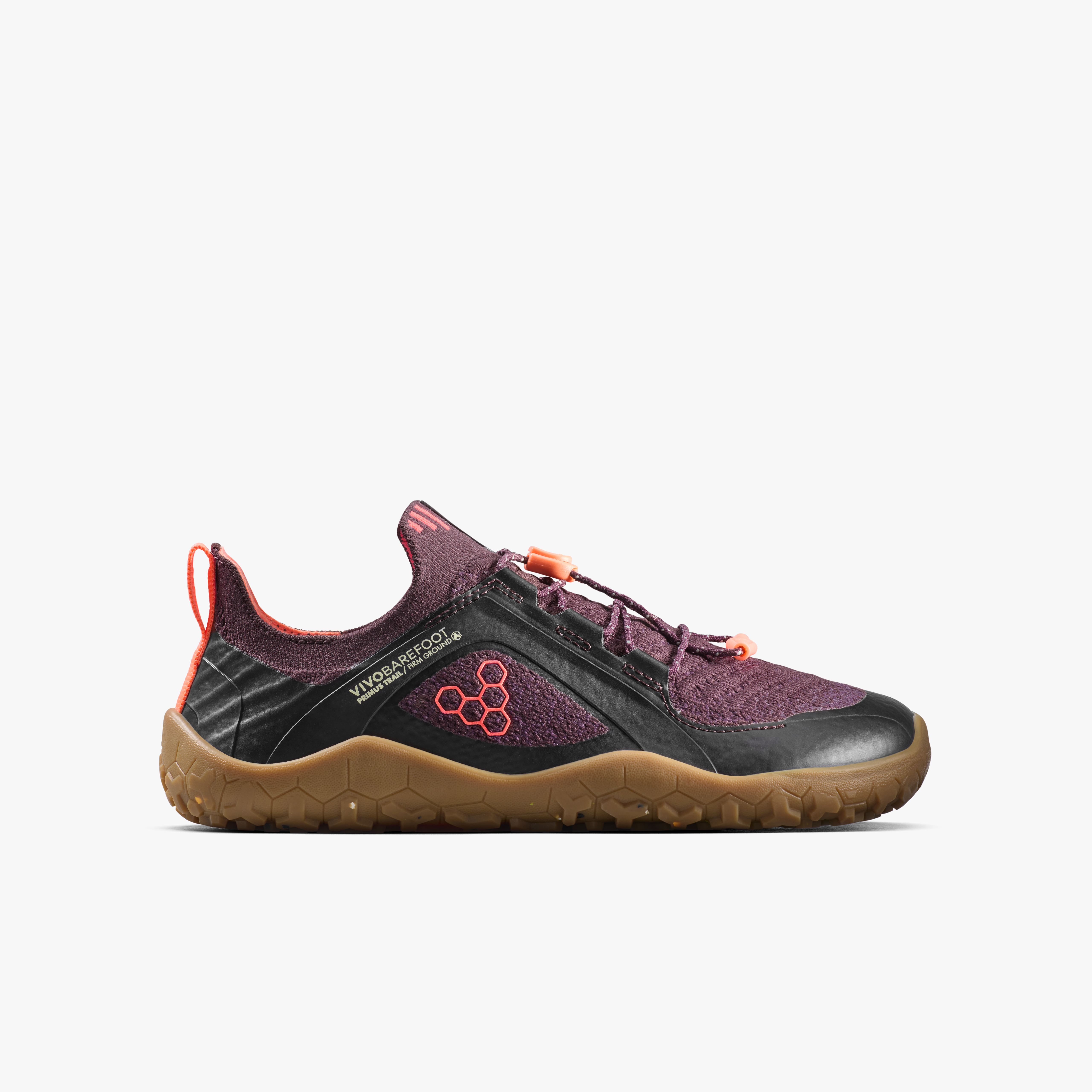 Vivobarefoot Primus Trail Knit FG Juniors barfodssko til børn i farven huckleberry/ molten lava, yderside