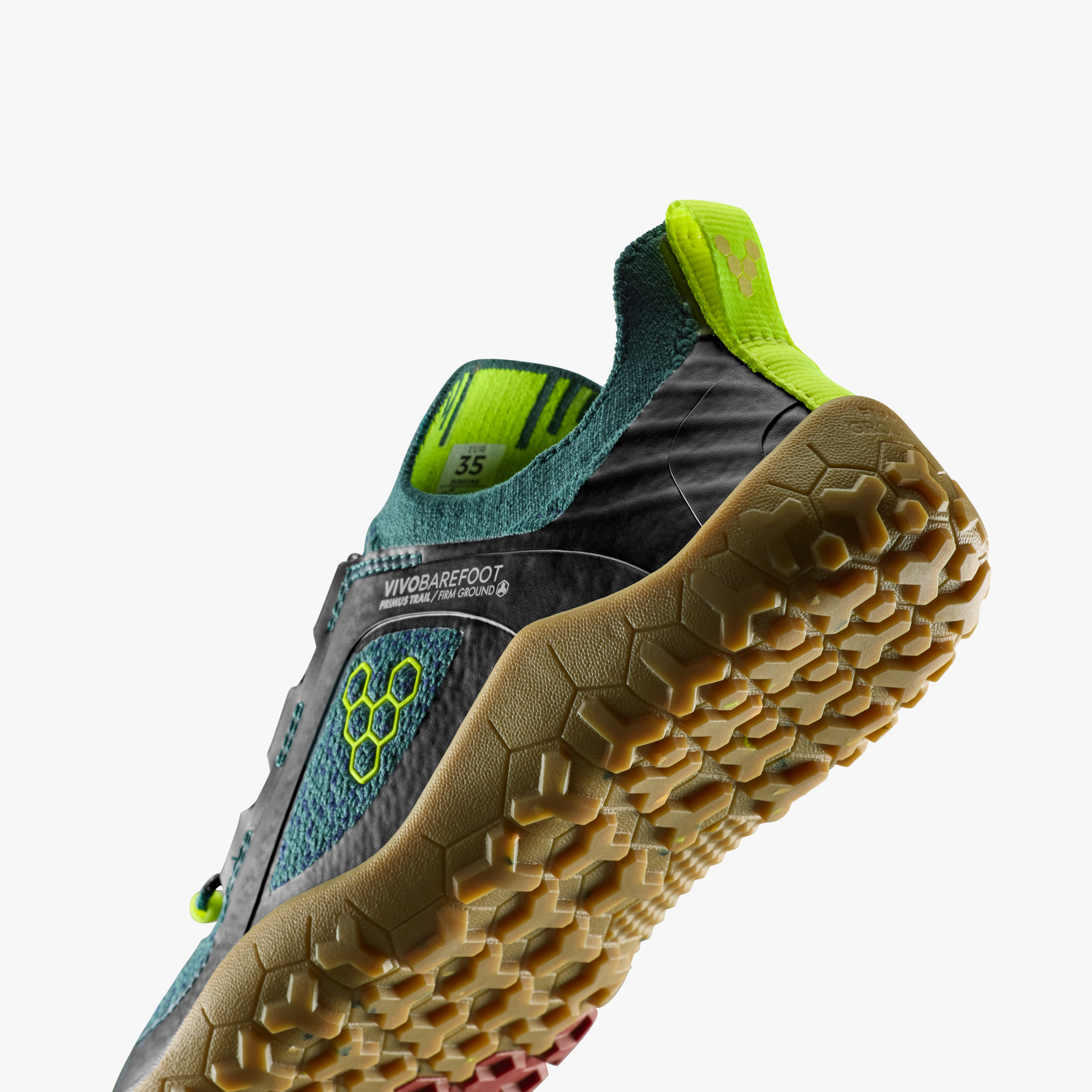 Vivobarefoot Primus Trail Knit FG Juniors barfodssko til børn i farven shadow fern/ lemon zest, nærbillede