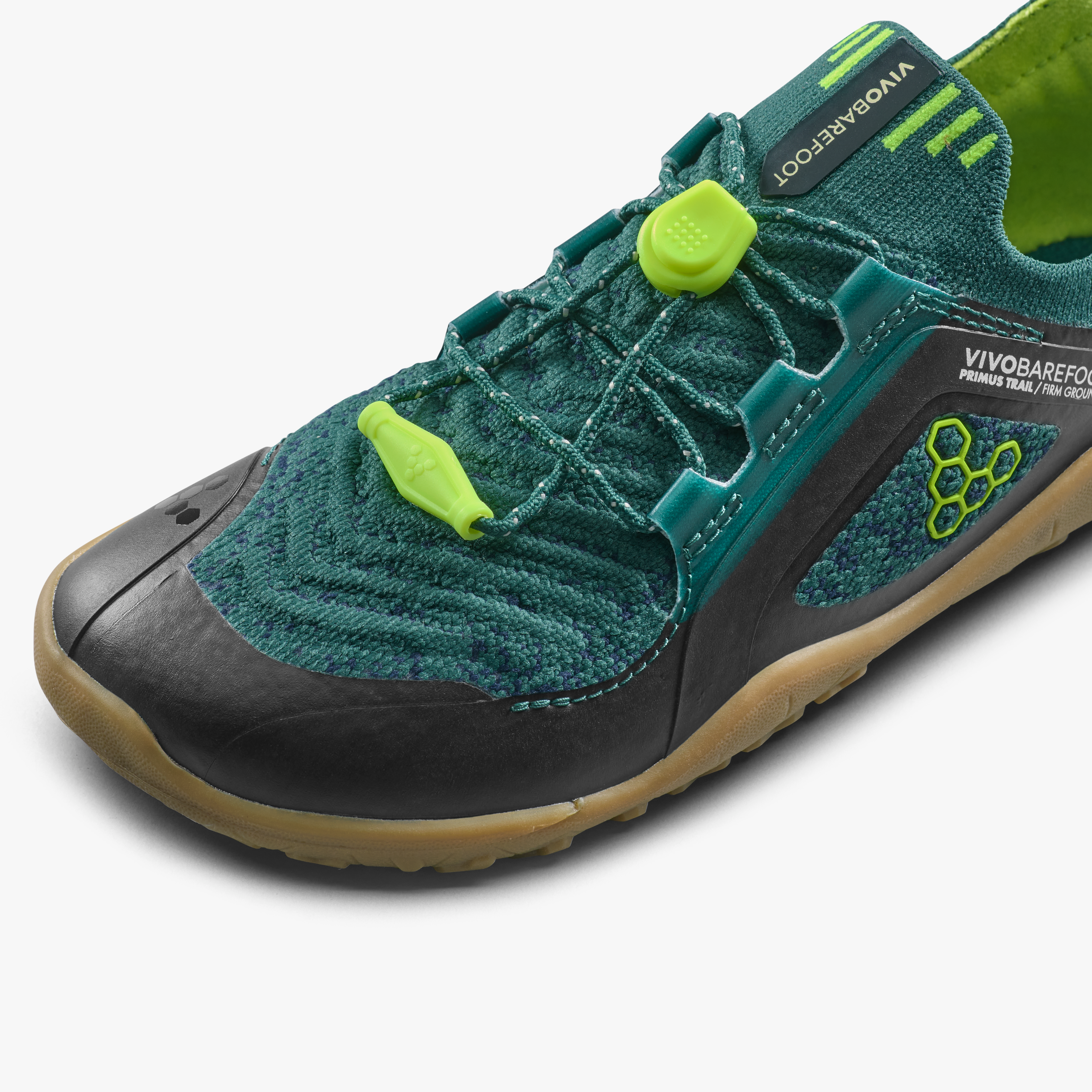 Vivobarefoot Primus Trail Knit FG Kids barfodssko til børn i farven shadow fern/ lemon zest, nærbillede