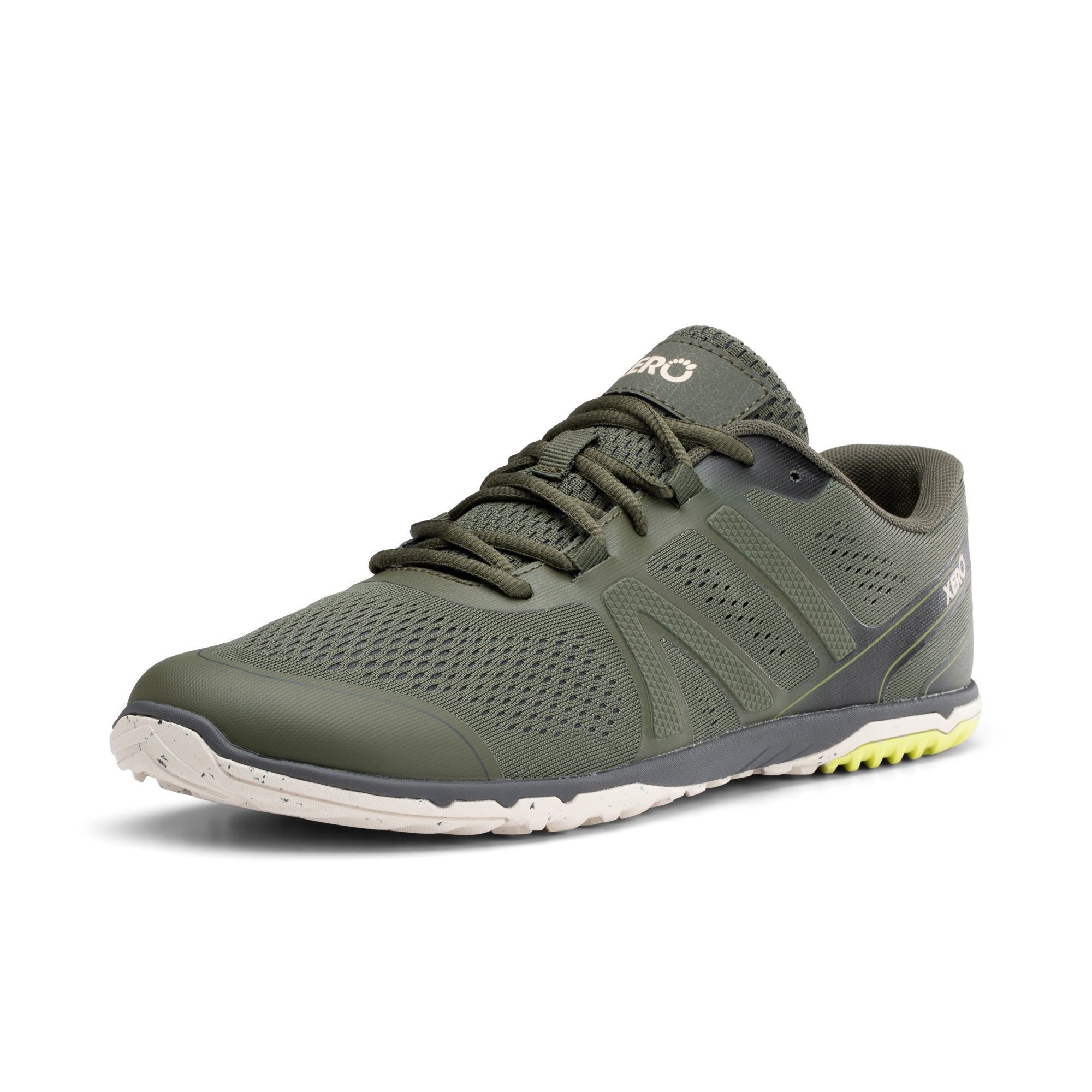 Xero Shoes HFS II barfodssko til herre i farven Army Green, set skråt forfra