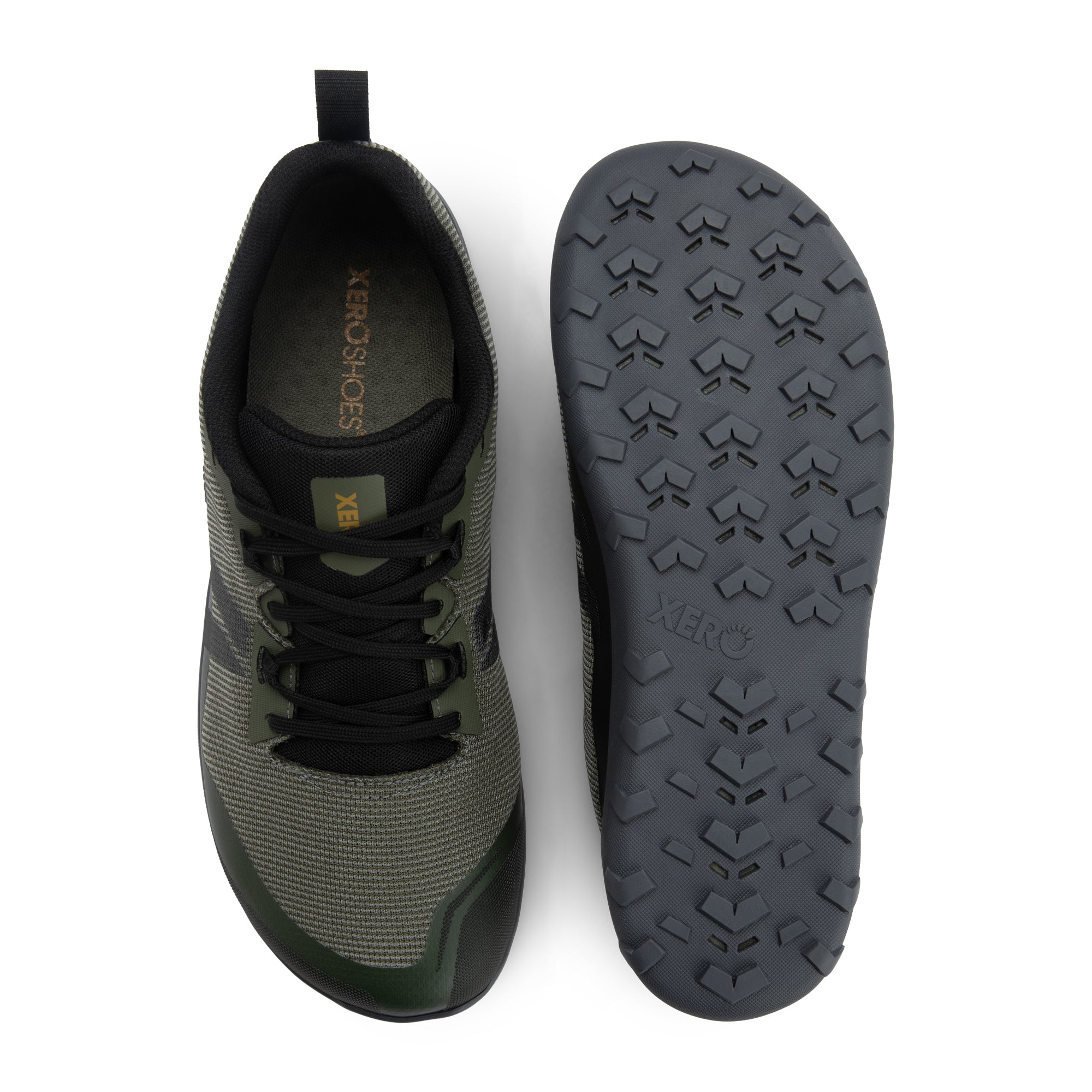 Xero Shoes Mesa Summit barfodssko til herre i farven Army Green, set ovenfra og fra sålen