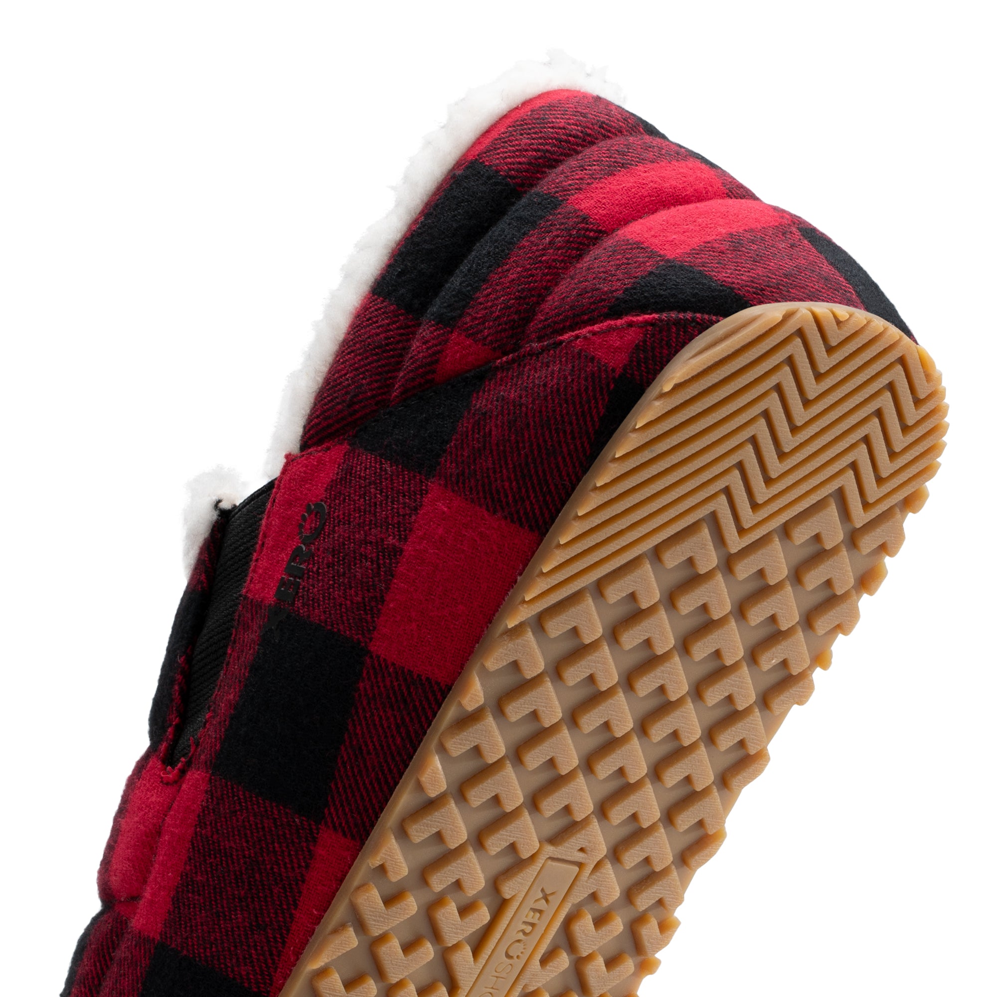 Xero Shoes Pagosa Cozy hjemmesko til herre i farven Buffalo Plaid, detalje af hælen