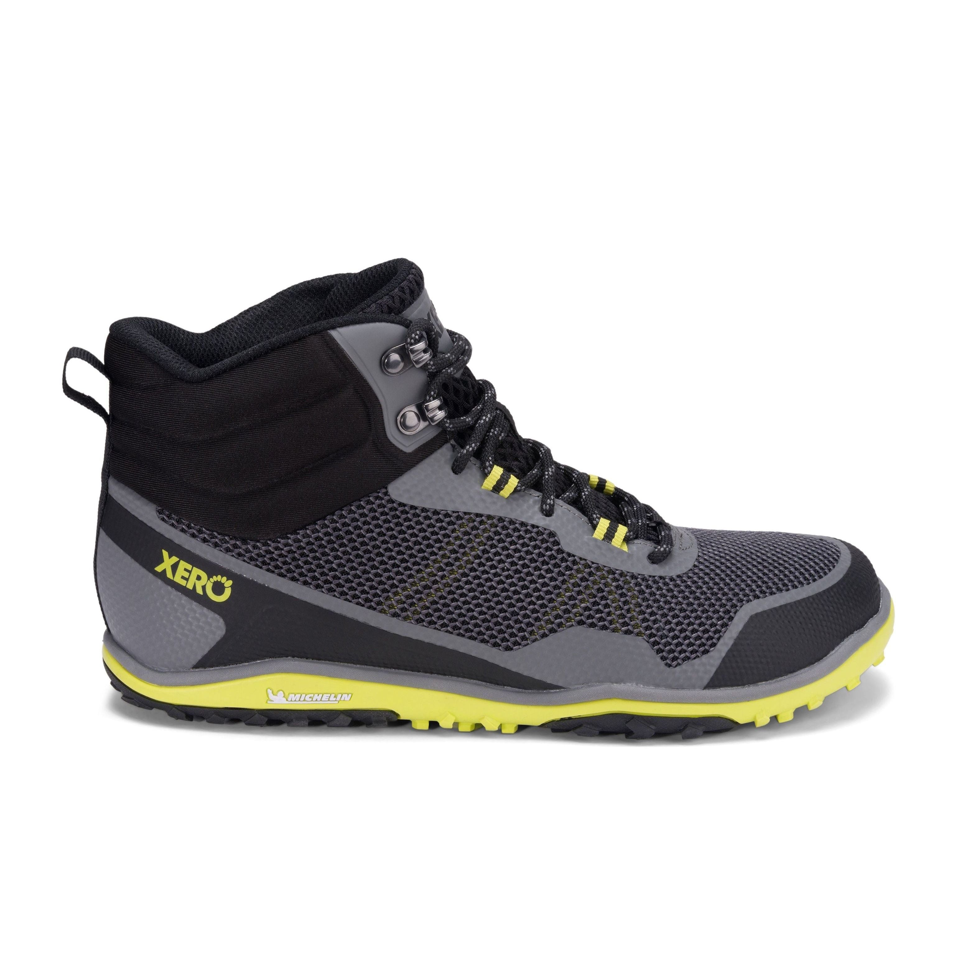 Xero Shoes Scrambler Mid Mens barfods lette vandrestøvler til mænd i farven steel gray / sulphur, yderside