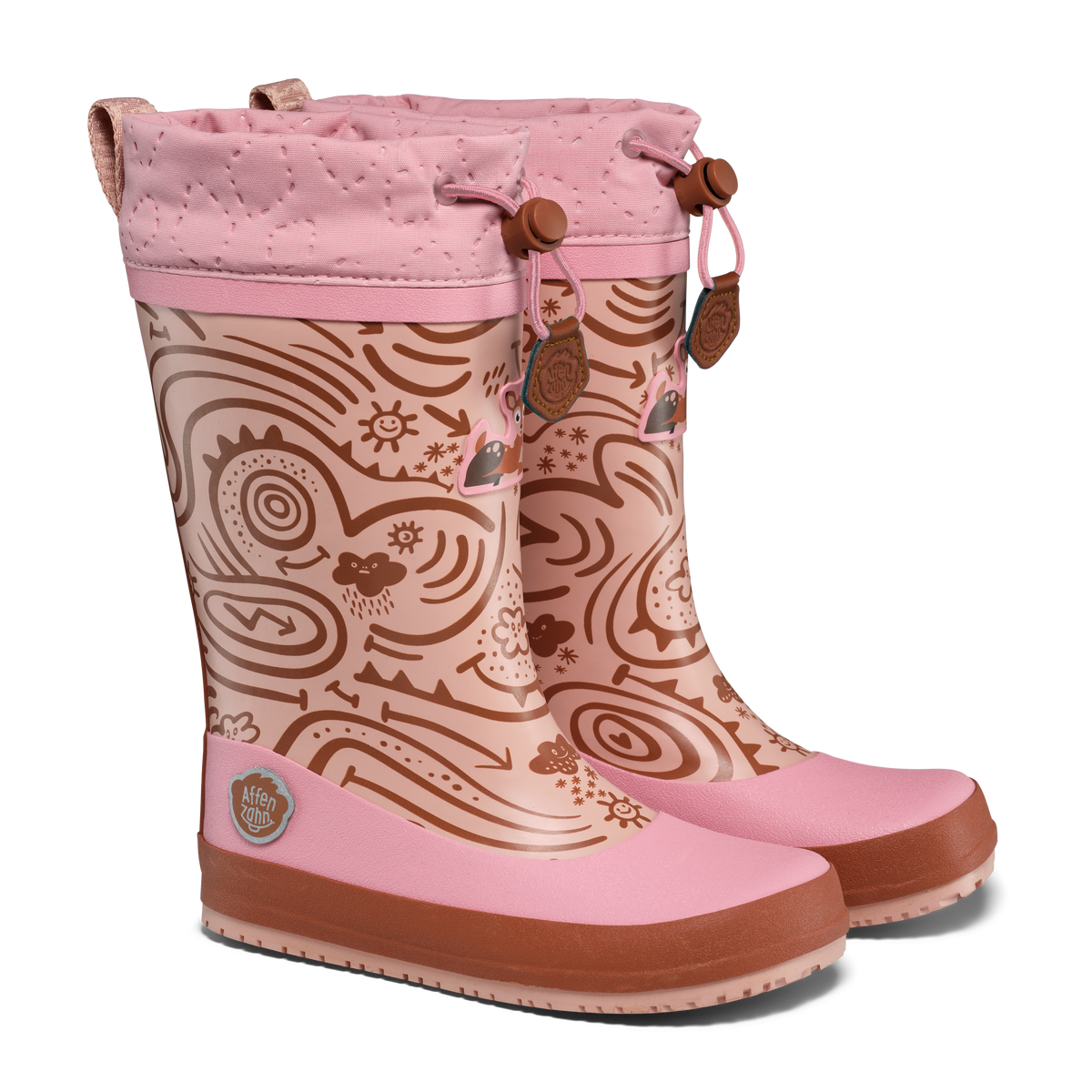Par Affenzahn Puddly Deer barfodsgummistøvler til børn i rosa, set skråt forfra