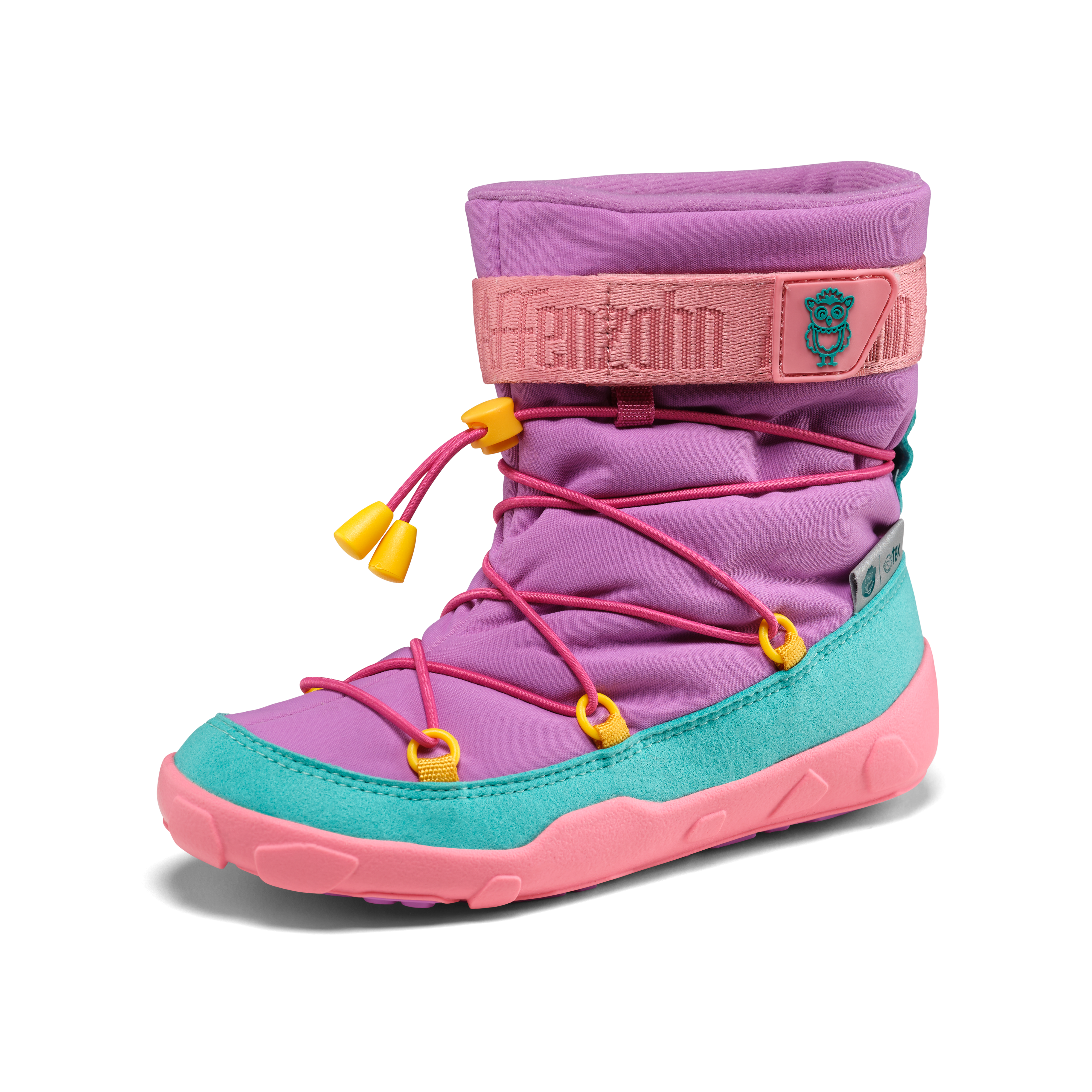 Affenzahn Snow Boot Vegan Snowy Owl variant for kids in purple with pink laces, turquoise accents, and yellow details on a pink sole. High-top design with Velcro strap.