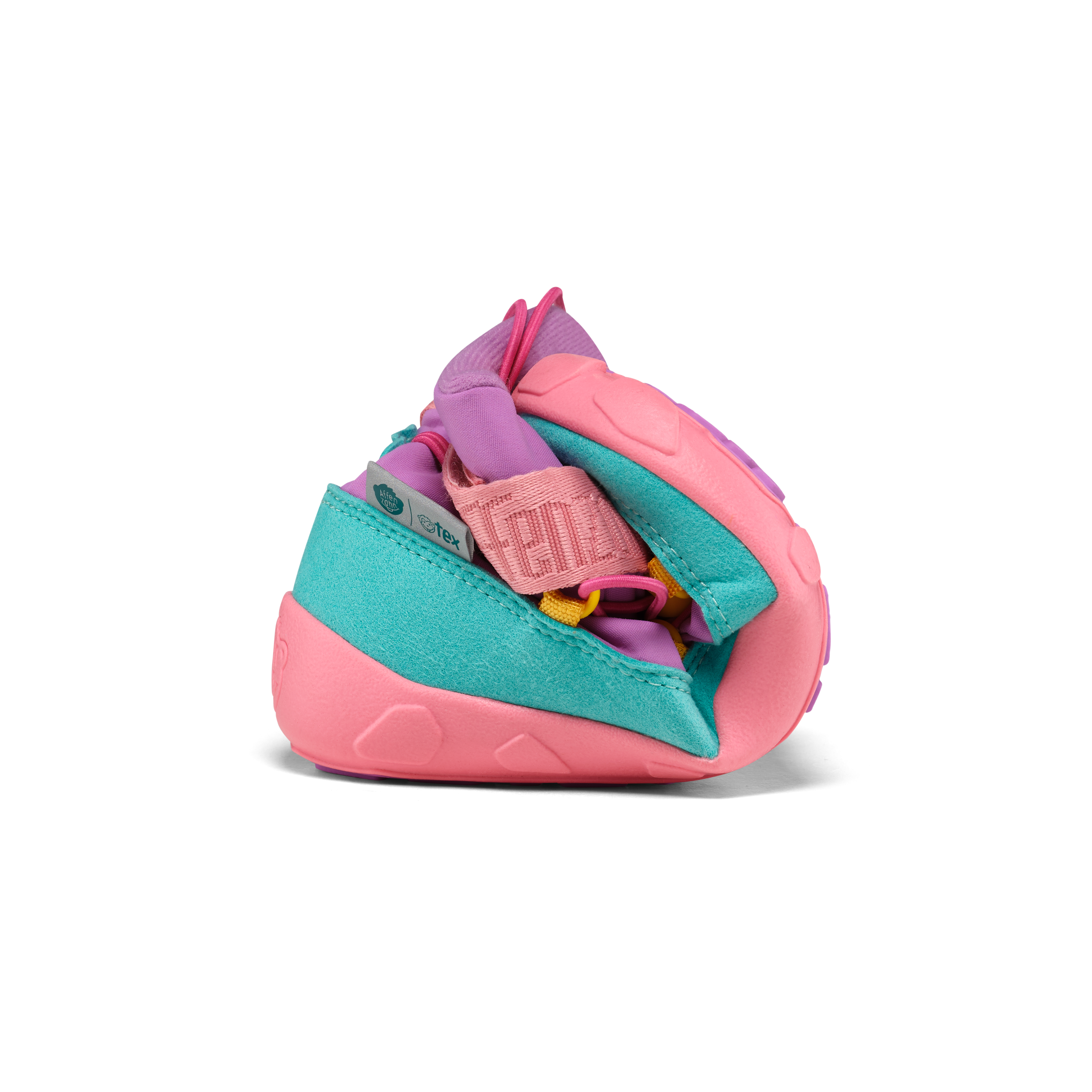 Affenzahn Snow Boot Vegan Snowy variant Owl in pastel pink, teal, and purple, shown rolled to highlight flexibility. Designed for kids with adjustable velcro straps and textured sole.