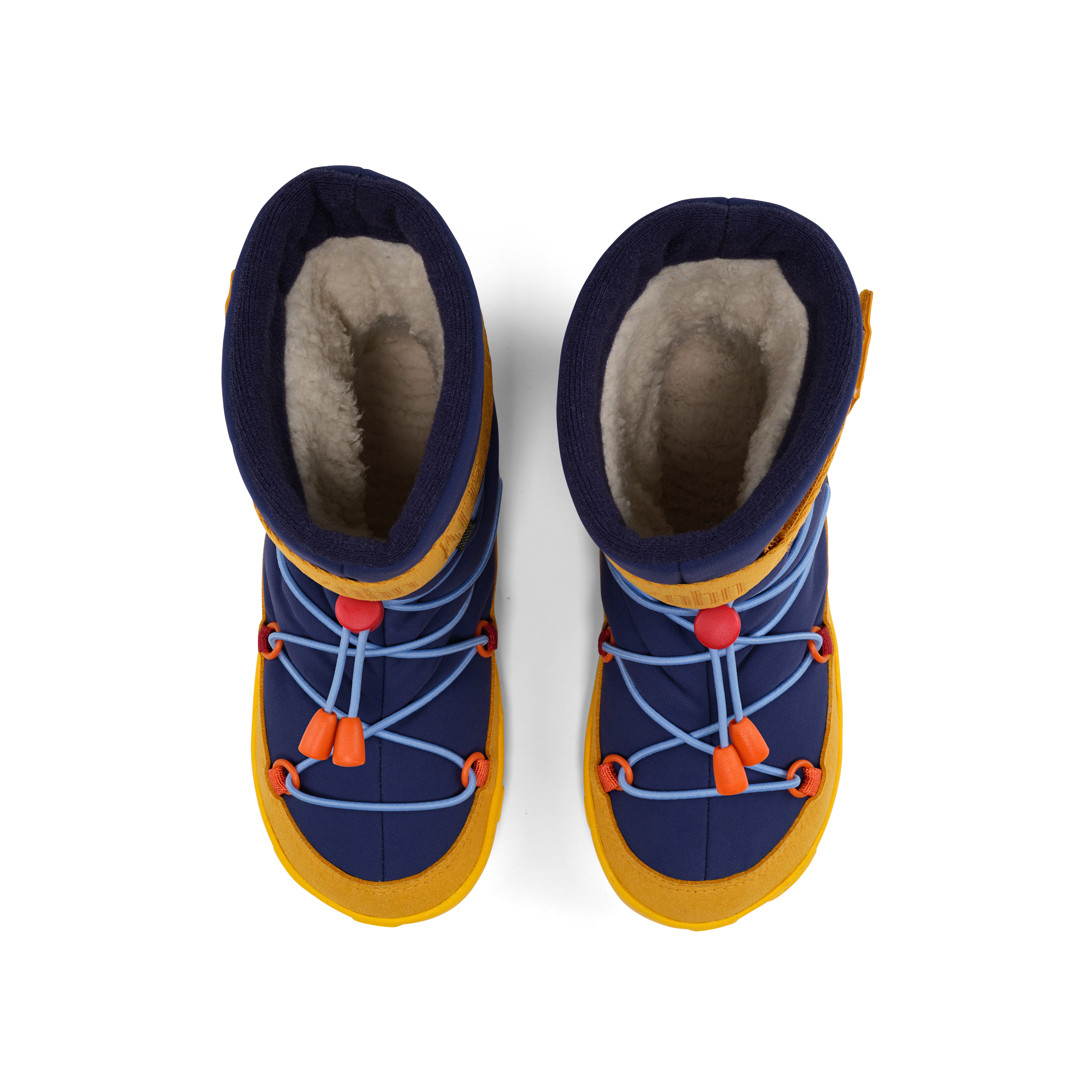 Affenzahn Snow Boot Vegan Snowy Toucan set i navy og gul, top view, med blå og orange snørebånd, foret indvendigt, børnestørrelse velegnet til vinterbrug.