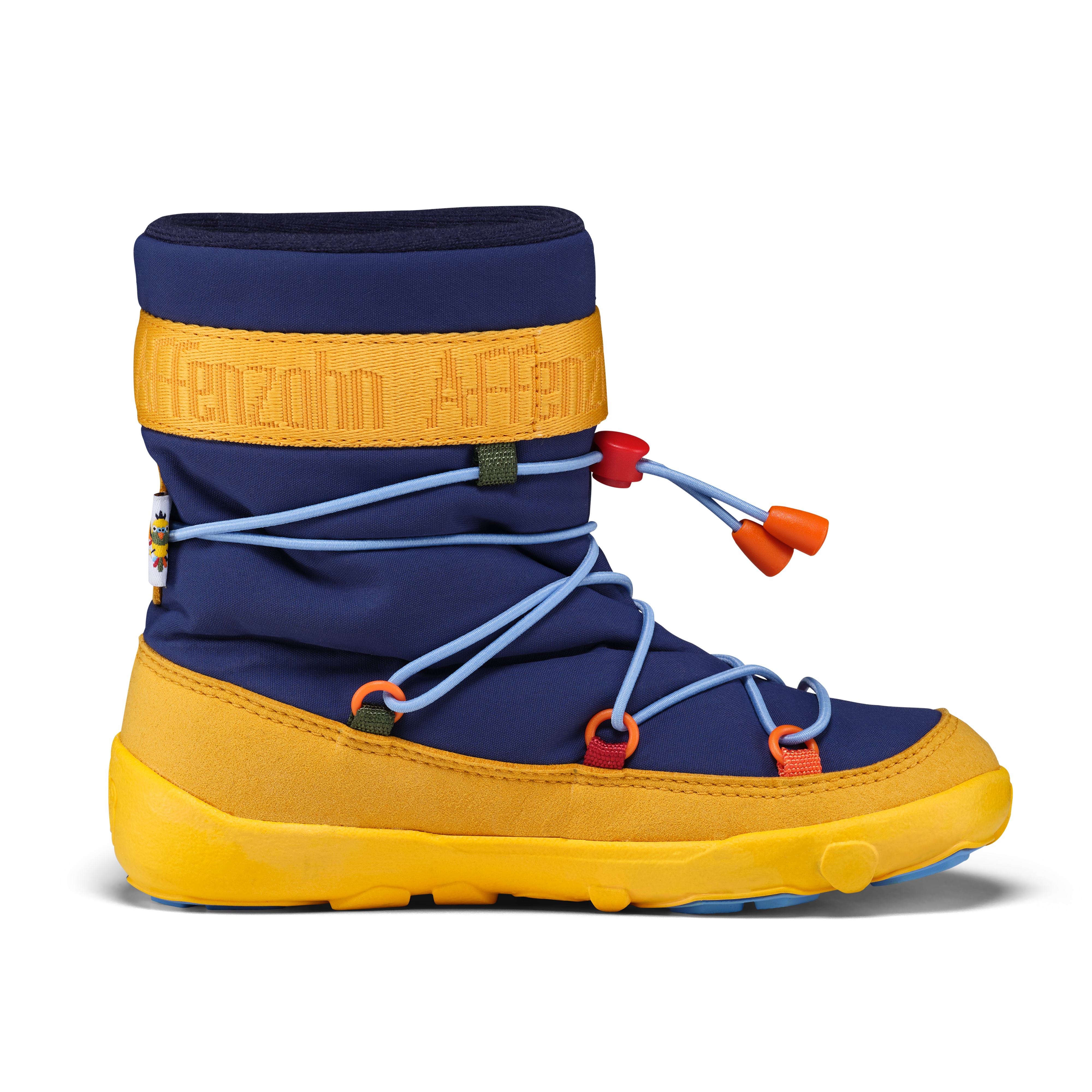 Affenzahn Snow Boot Vegan Snowy variant Toucan for kids, featuring deep blue textile, yellow sole, and adjustable blue laces with orange toggles. Unisex design with colorful accents.