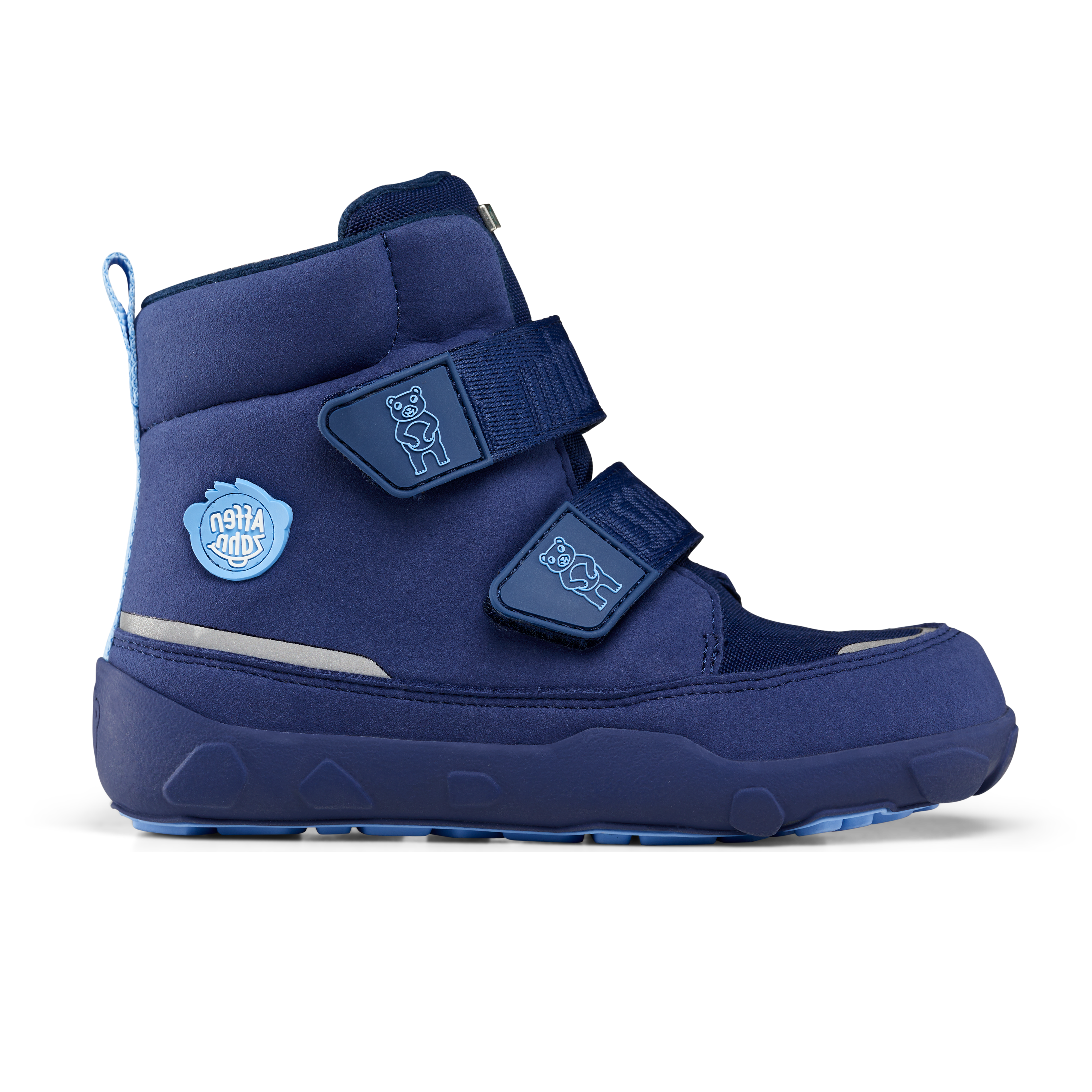 Affenzahn Winter Boot Vegan Comfy Bear for kids in navy blue with bear logos on Velcro straps and light blue logo badge. Robust sole for winter conditions.