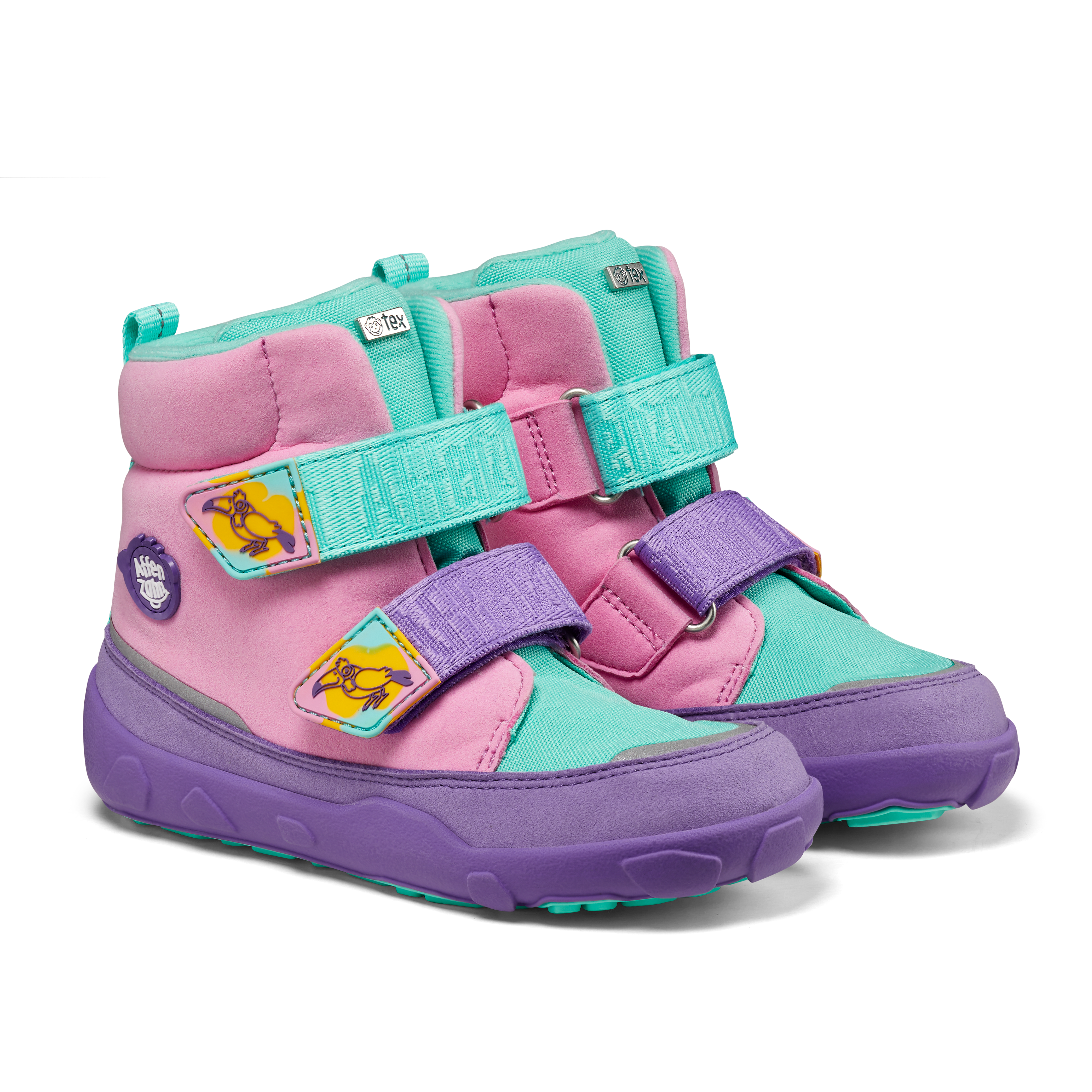 Affenzahn Winter Boot Vegan Comfy, Creative Toucan variant, for kids. Features pink, turquoise, and purple colors with toucan design on velcro straps. Unisex vegan winter boots.