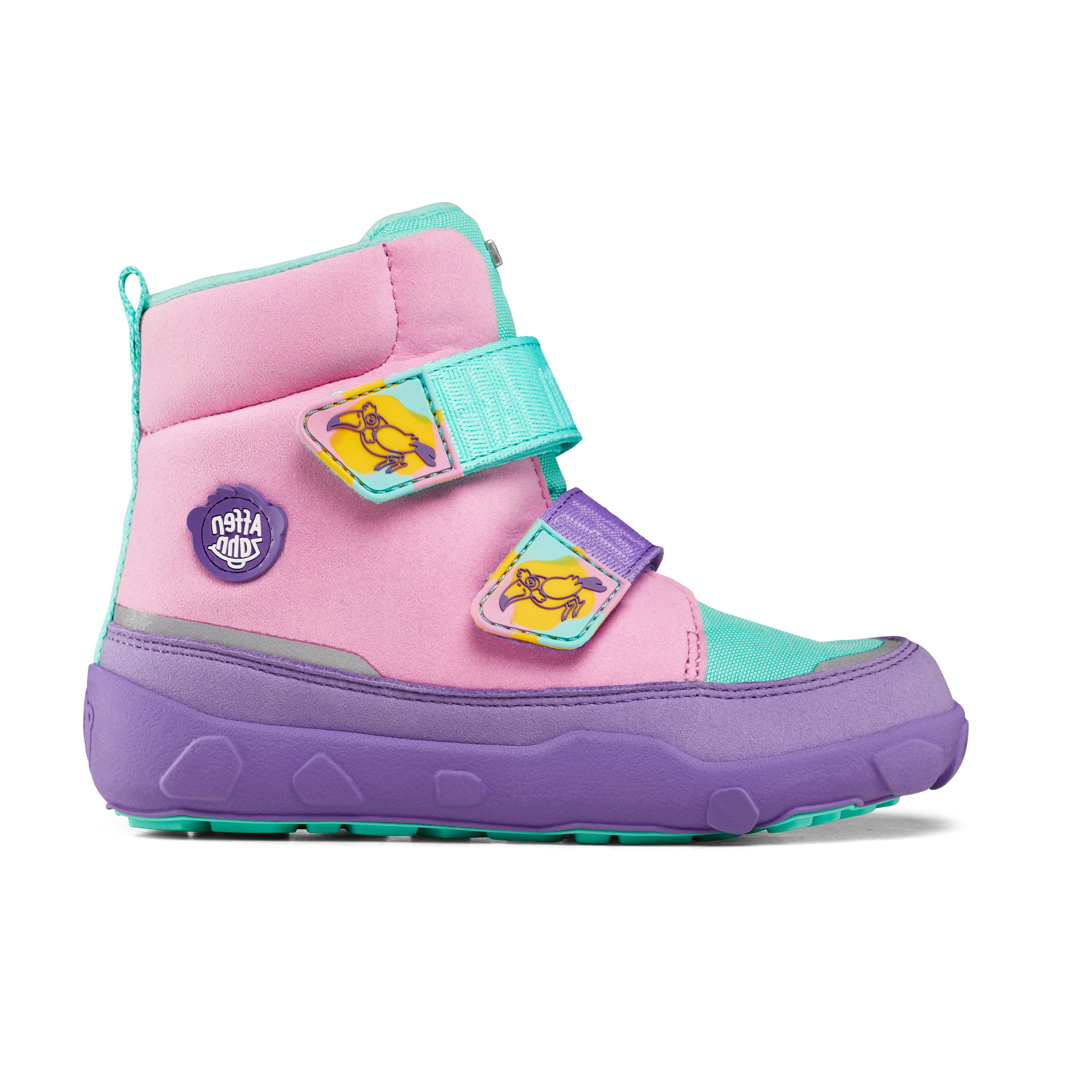 Affenzahn Winter Boot Vegan Comfy in Creative Toucan variant for kids, featuring pink, teal, and purple colors, with toucan designs on Velcro straps and a durable sole.