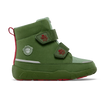 Affenzahn Winter Boot Vegan Comfy Dragon variant for kids, green with red dragon Velcro straps, side view. Featuring red pull tab and logo badge.