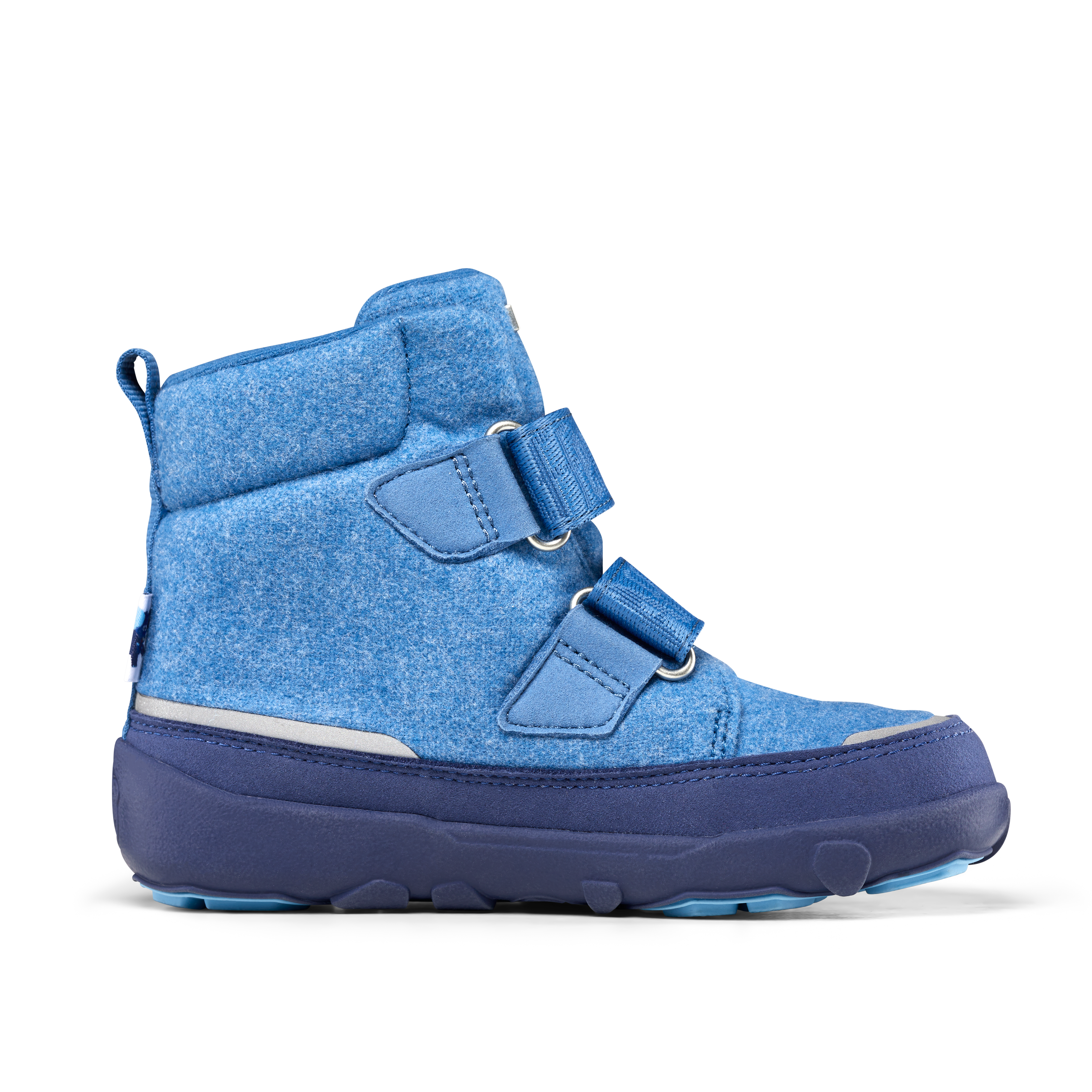 Affenzahn Winter Boot Vegan Comfy, variant Elephant, til børn. Blå farve med velcroremme og mørkeblåt gummisål. Komfortabelt og varmt design, velegnet til vinterbrug.