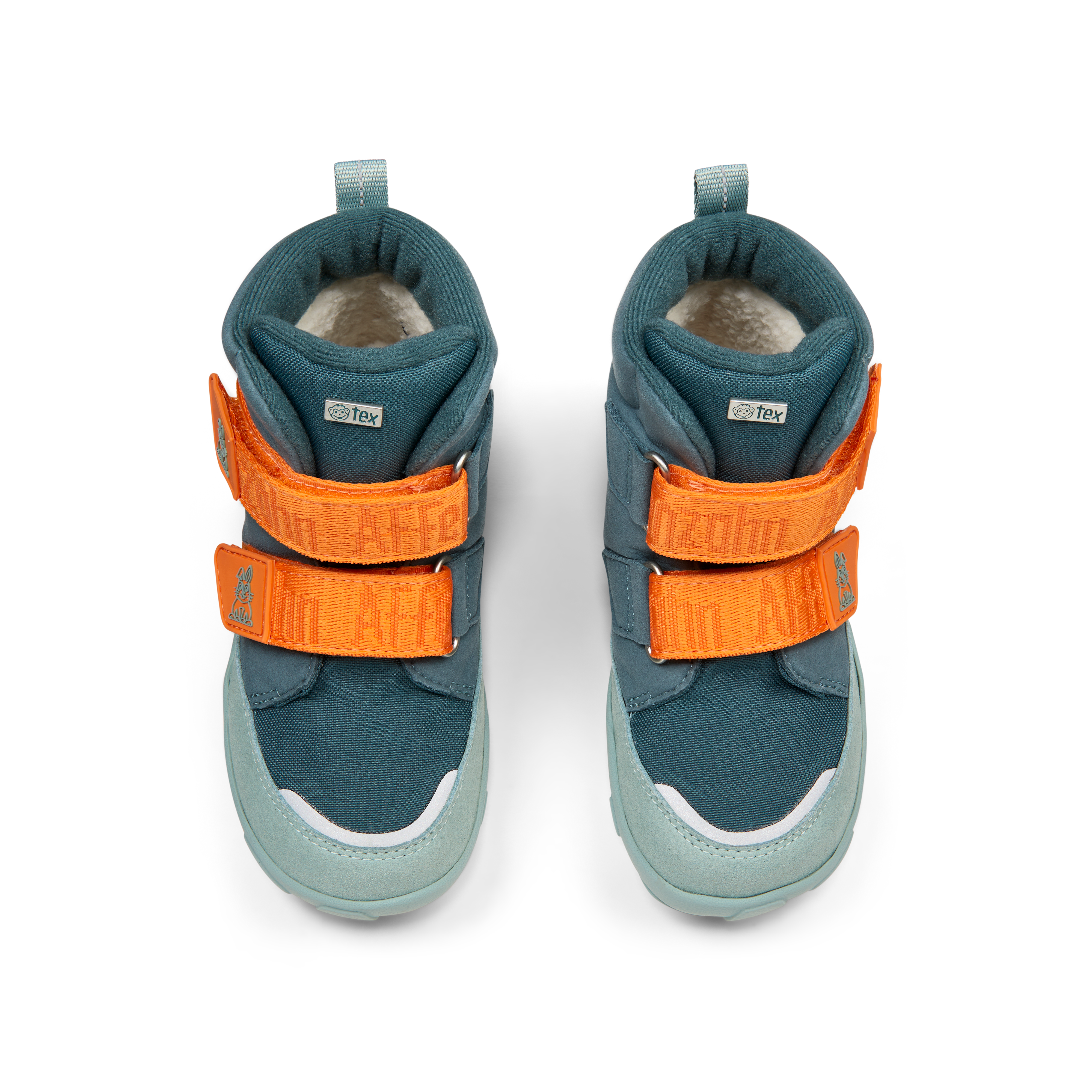 Affenzahn Winter Boot Vegan Comfy, Rabbit variant for kids. Unisex teal boots with orange velcro straps, lined with white plush fabric, and light gray sturdy soles.