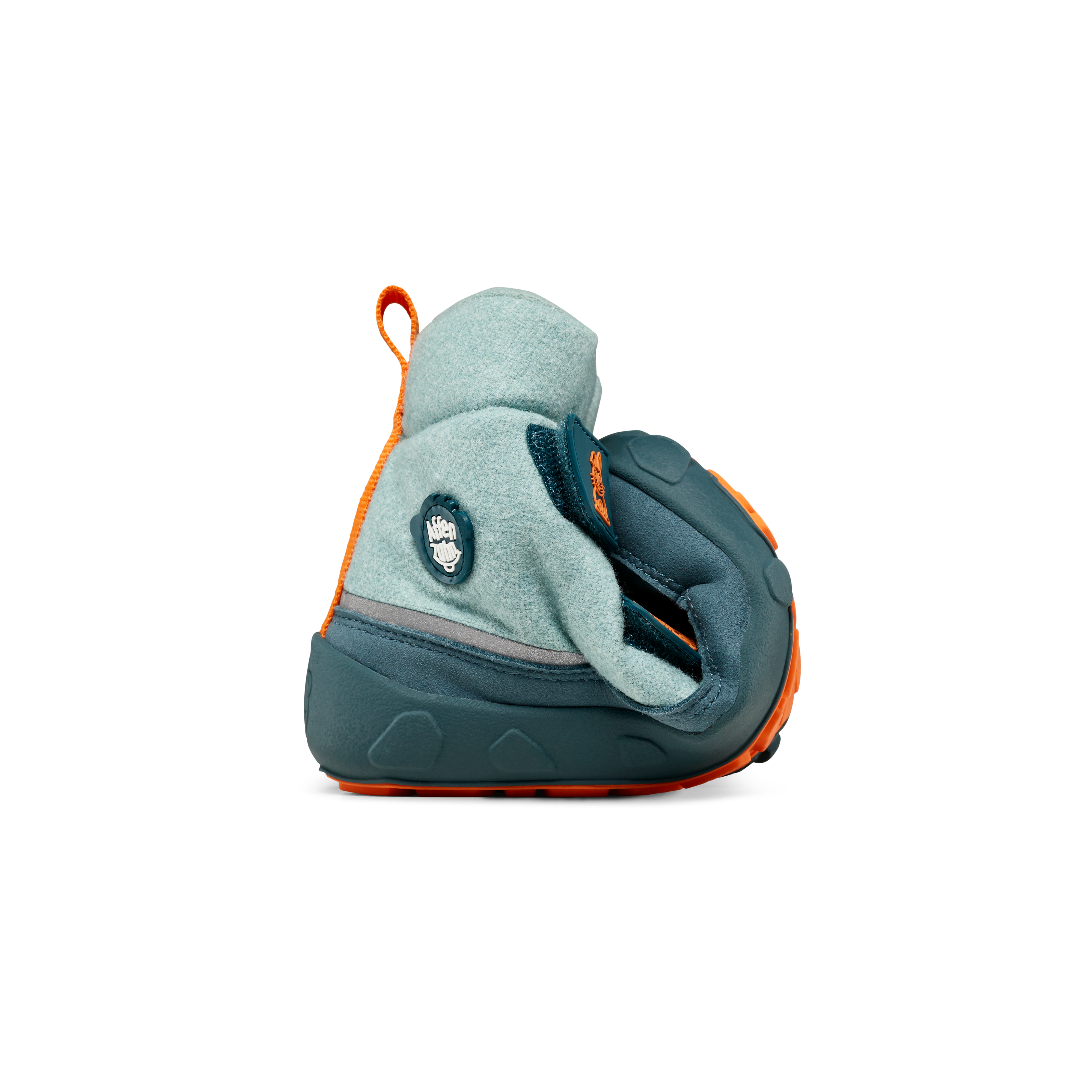 Affenzahn Winter Boot Wool Comfy, Rabbit variant set in a rolled position. Light blue wool exterior with dark blue accents and orange sole, showcasing flexibility and playfulness.