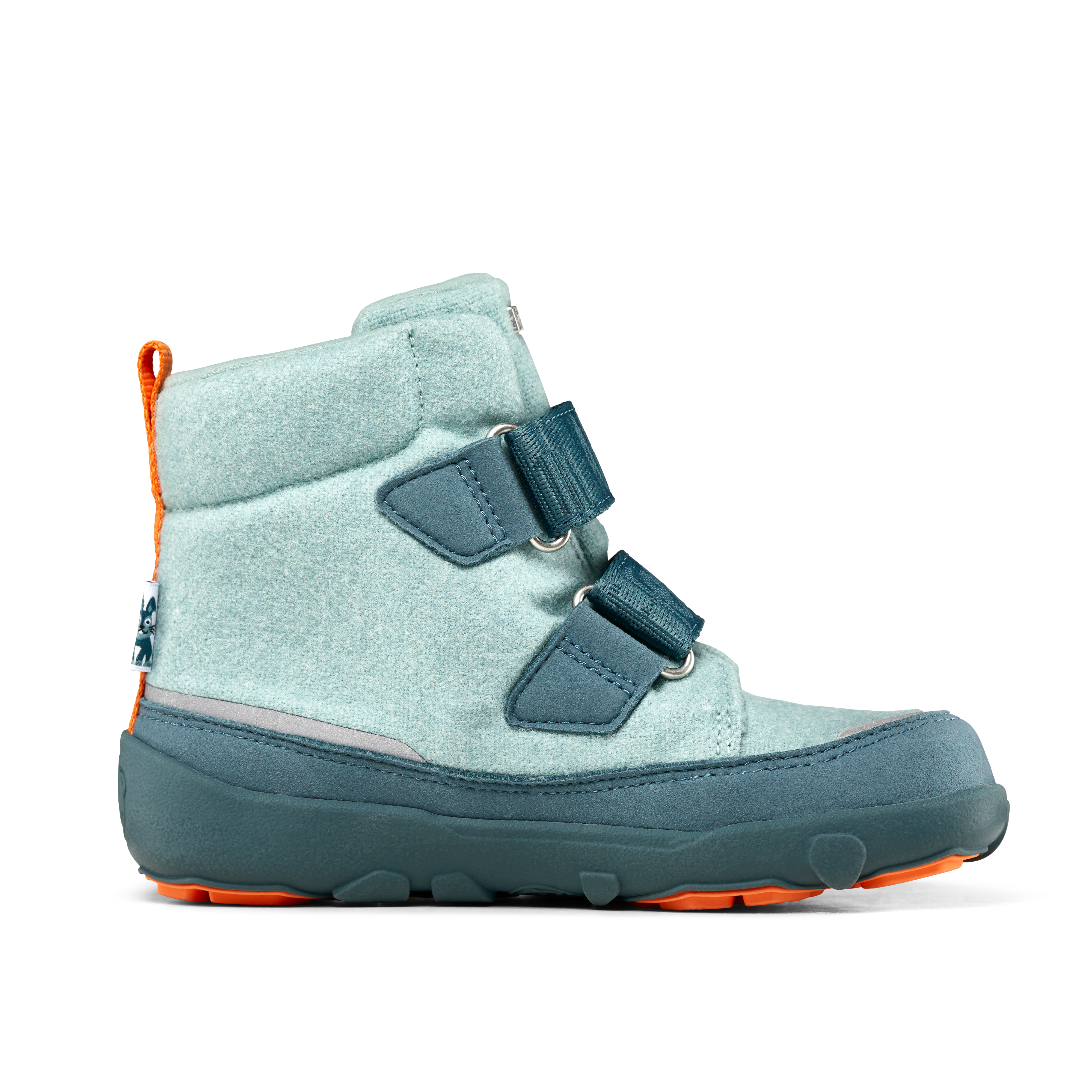 Affenzahn Winter Boot Wool Comfy Rabbit til børn, lys blå uldtekstur med mørkeblå velcroremme og gråt/orange sål, set indefra for komfort og varme.