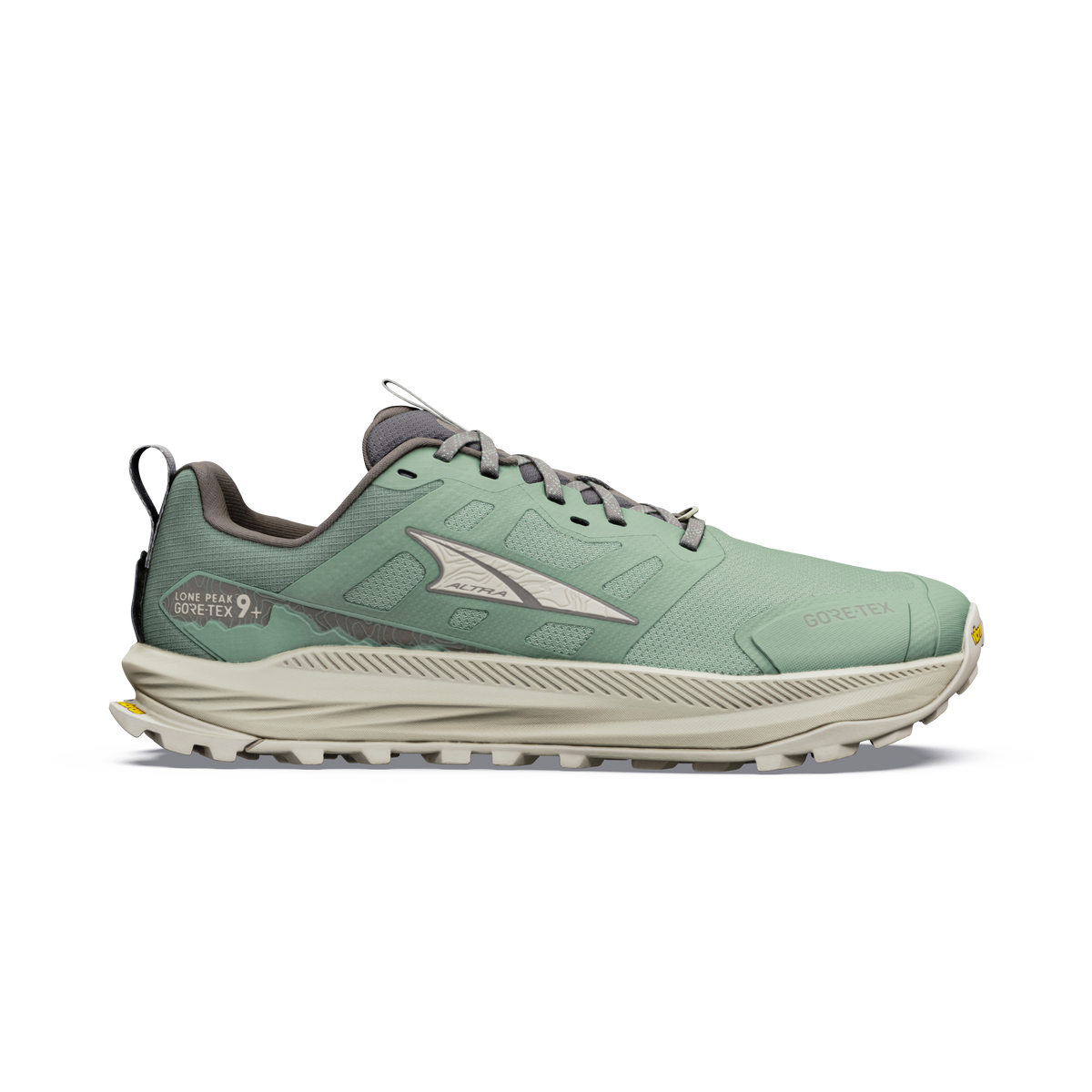 Altra Lone Peak 9+ GTX vandresko til herrer i Sea Spray/Island Fossil set fra siden