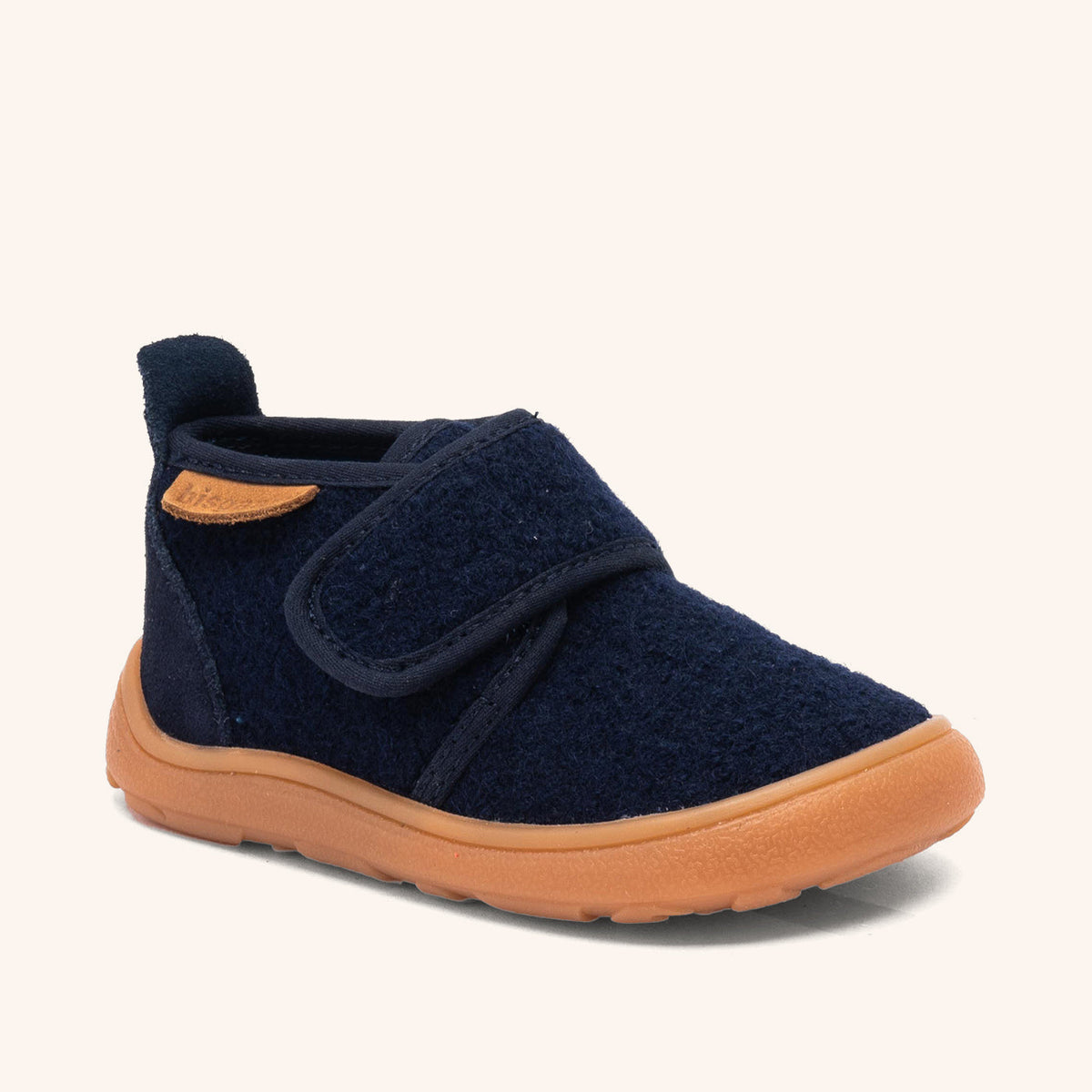 Bisgaard Basic barfodshjemmesko til børn i navy uld med velcro set fra ydersiden