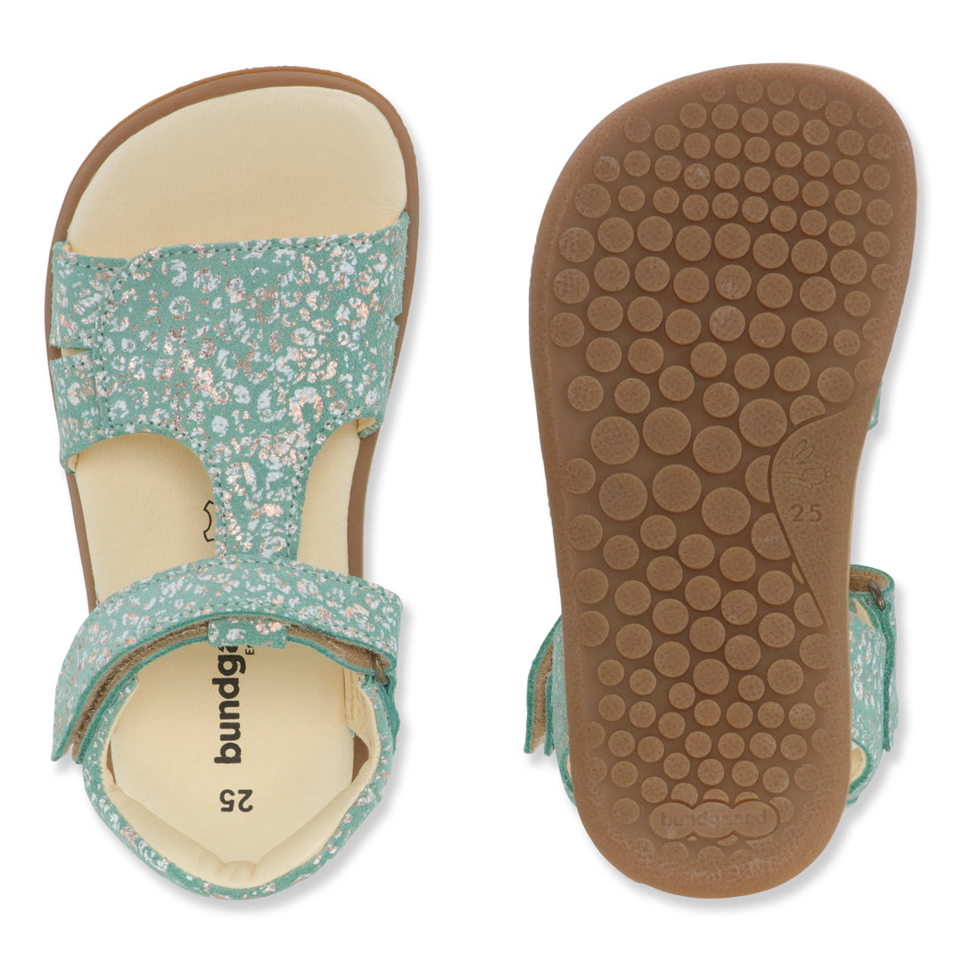 Bundgaard Roxanne II sandaler for børn, unisex, i varianten Mint Shell. Topvisningen viser åndbart læder med blomstertryk og velcrostropper, og sålen vises med robust gummi mønster.