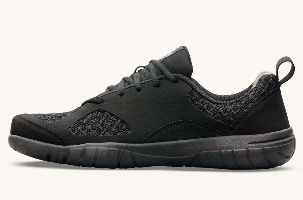 Lems Primal 3 unisex adults athletic shoe, variant Black, in side inside view. Features a breathable mesh and synthetic upper with a flexible sole, ideal for barefoot enthusiasts.