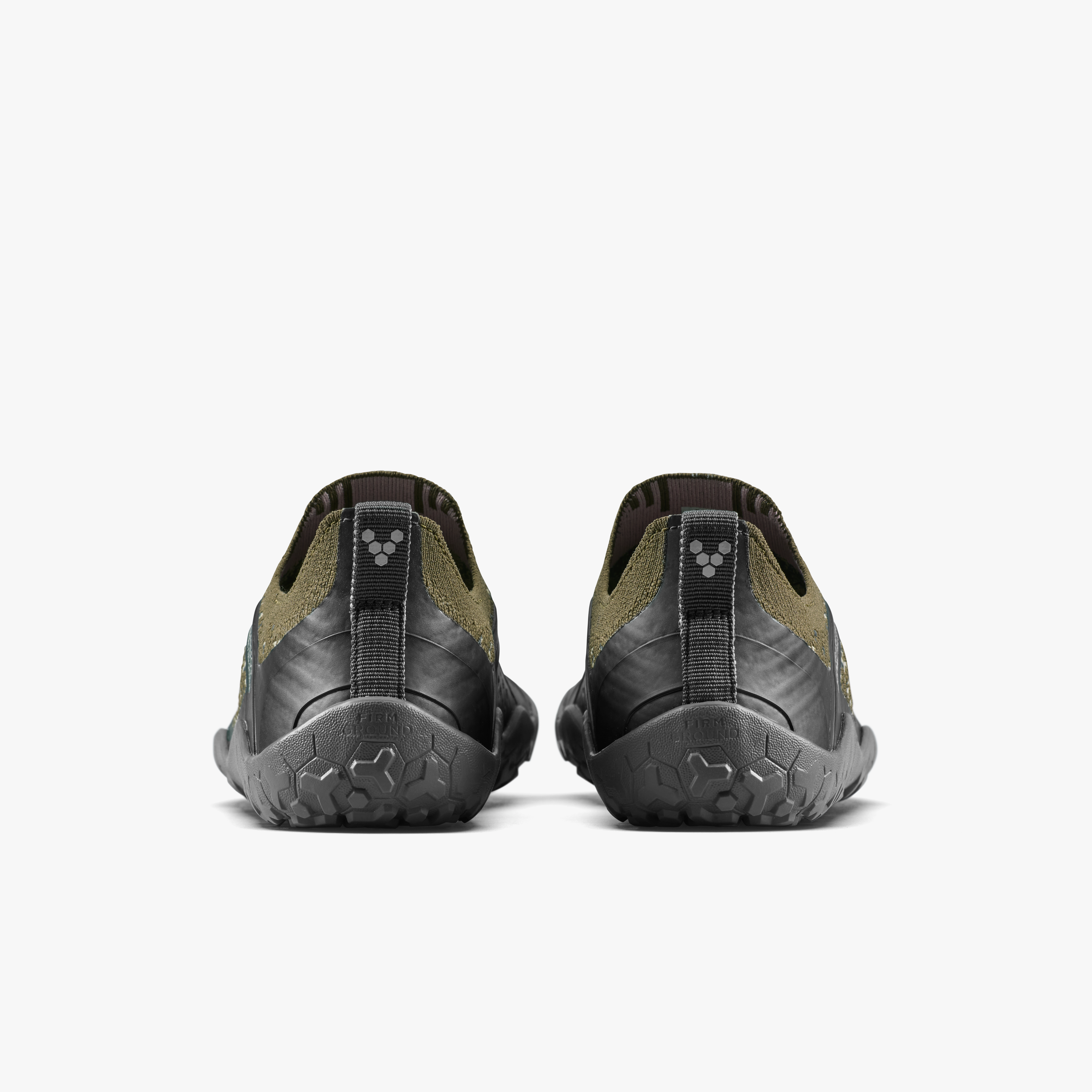 Vivobarefoot Primus Trail Knit FG Grounding Mens barfodssko til mænd i farven dark olive, bagfra