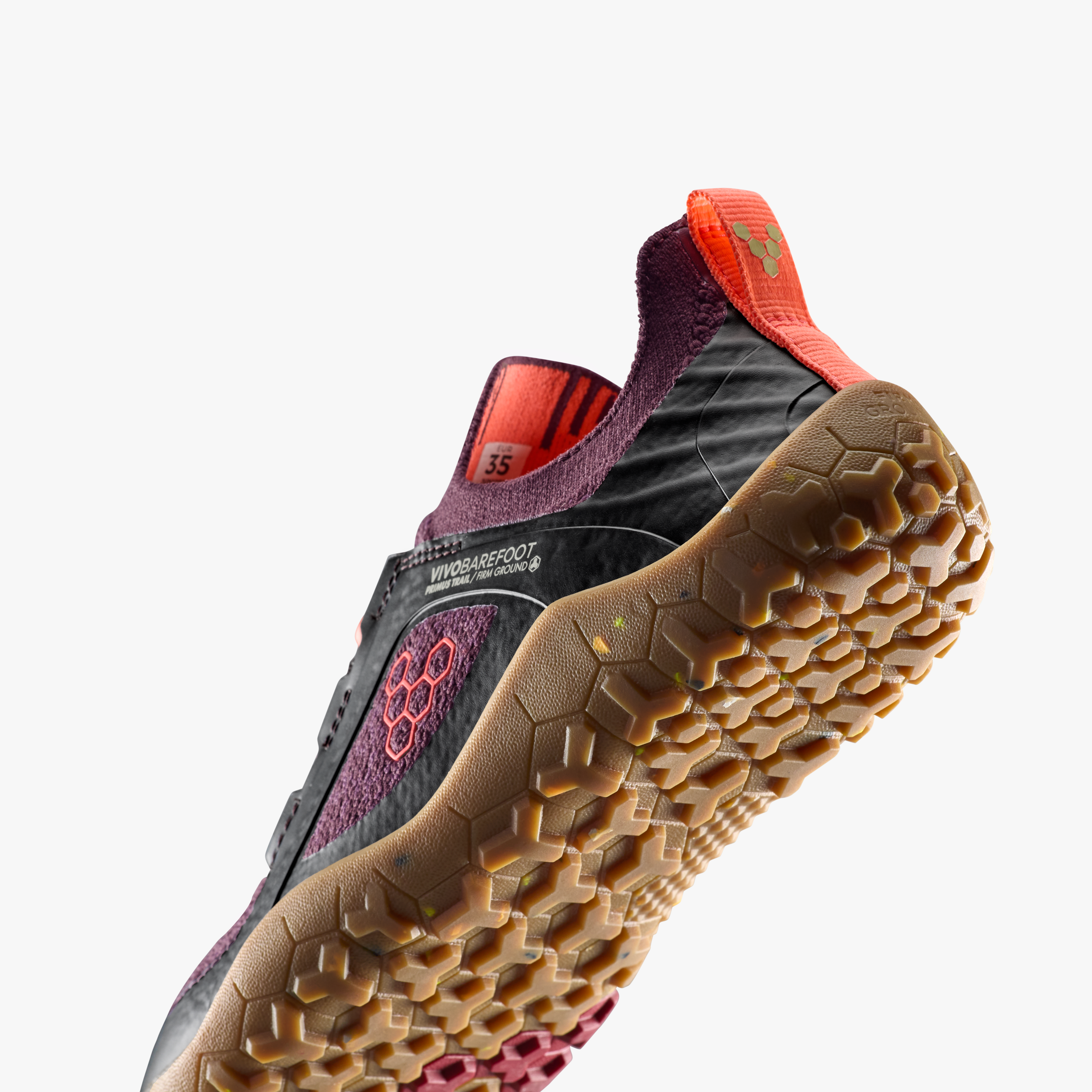 Vivobarefoot Primus Trail Knit FG Juniors barfodssko til børn i farven huckleberry/ molten lava, nærbillede