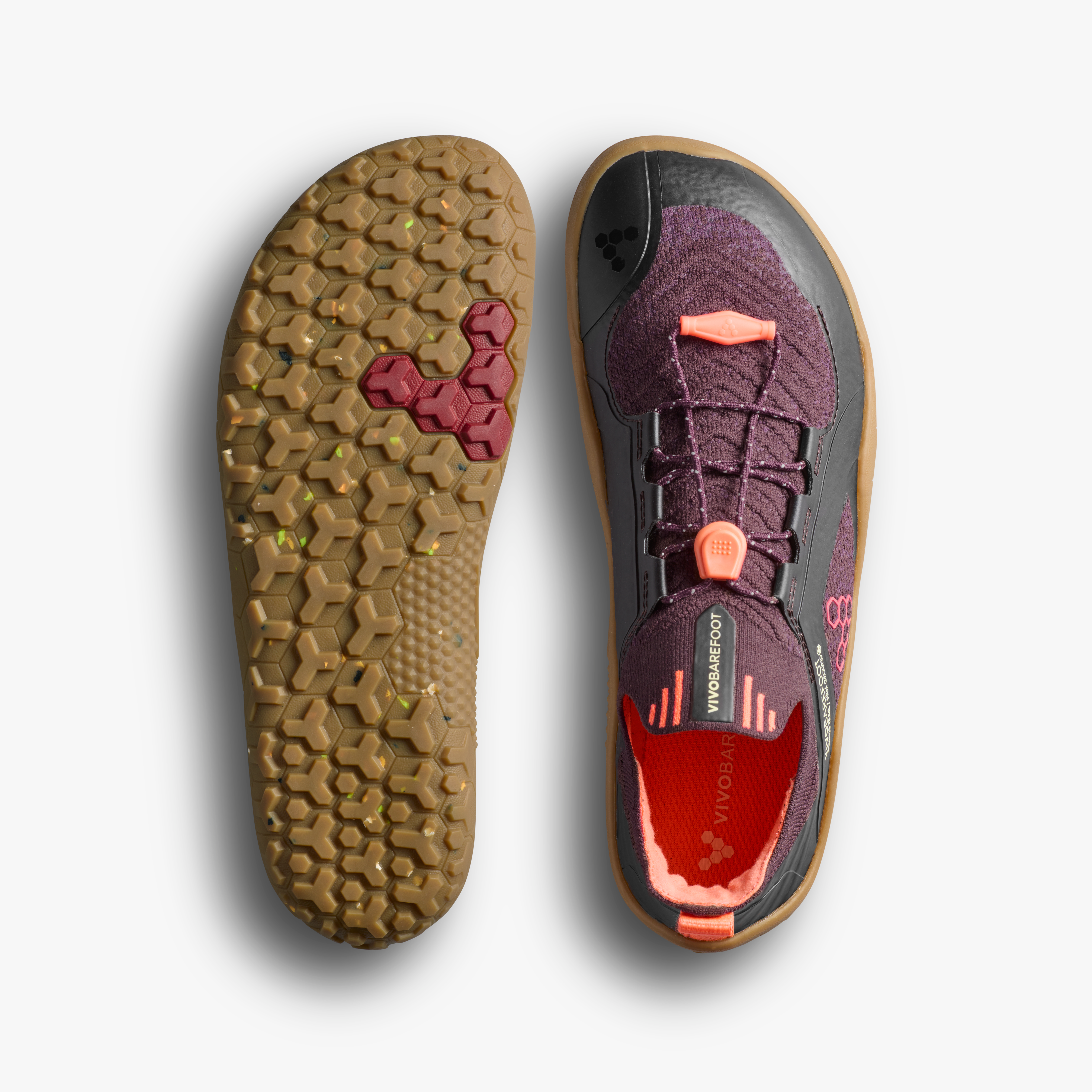 Vivobarefoot Primus Trail Knit FG Juniors barfodssko til børn i farven huckleberry/ molten lava, sål og top