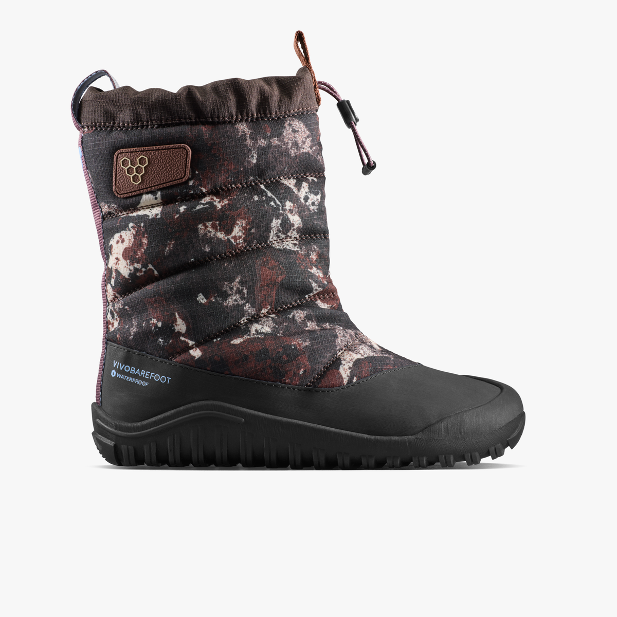 Vivobarefoot Tracker Boot AT Juniors i Mole Print, vandtæt barfodsstøvle til børn set fra ydersiden