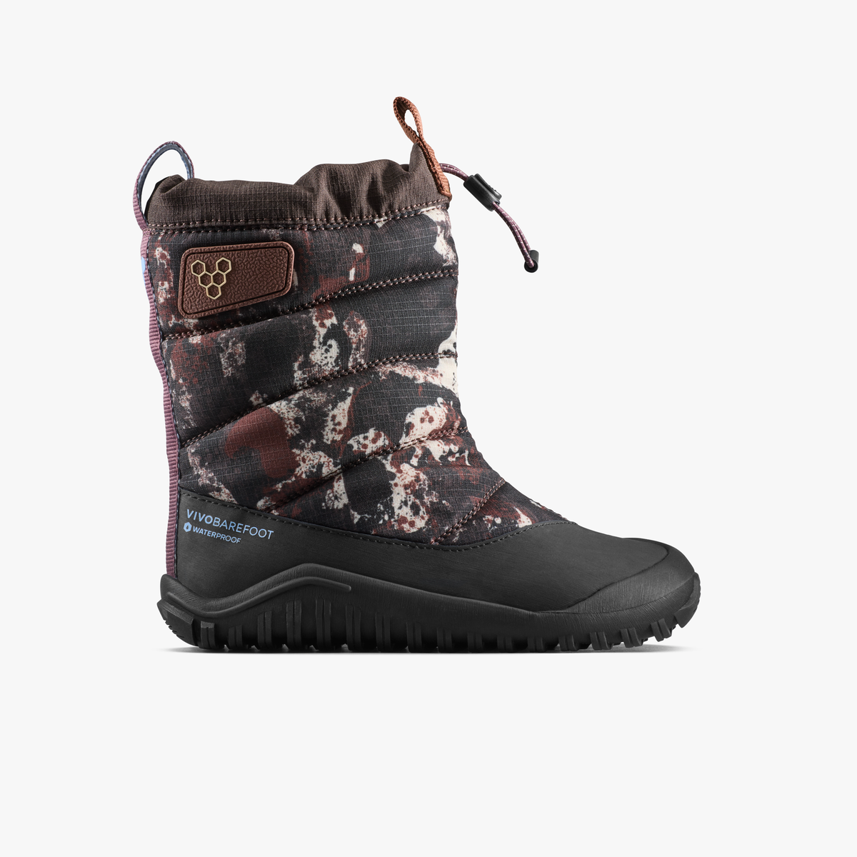 Vivobarefoot Tracker Boot AT Kids vandtæt barfodsstøvle til børn i Mole Print, set fra ydersiden