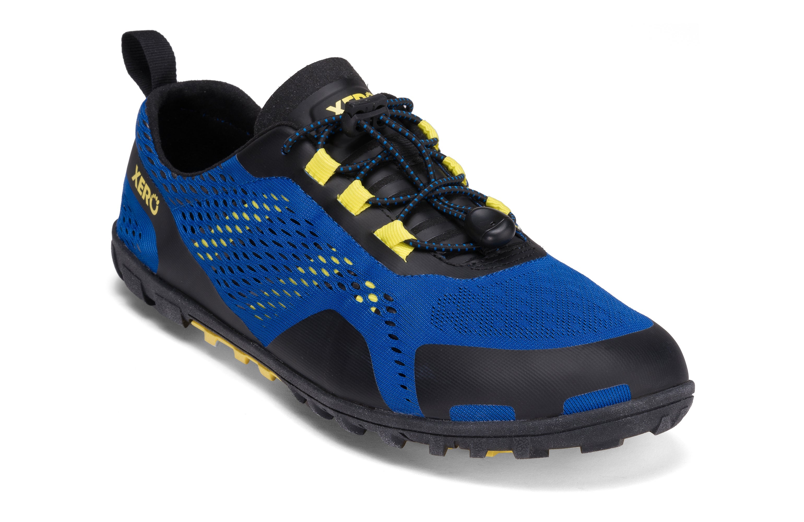 Xero Shoes Aqua X Sport barfods vand træningssko til mænd i farven blue / yellow, vinklet