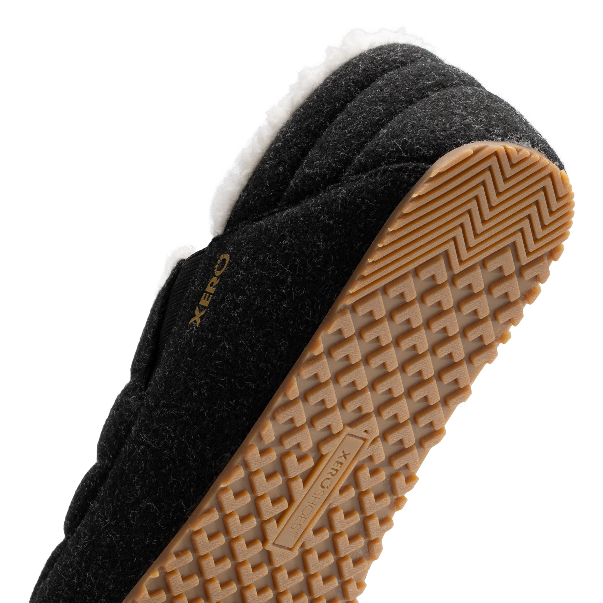 Xero Shoes Pagosa Cozy hjemmesko til herre i farven Asphalt, detalje af hælen
