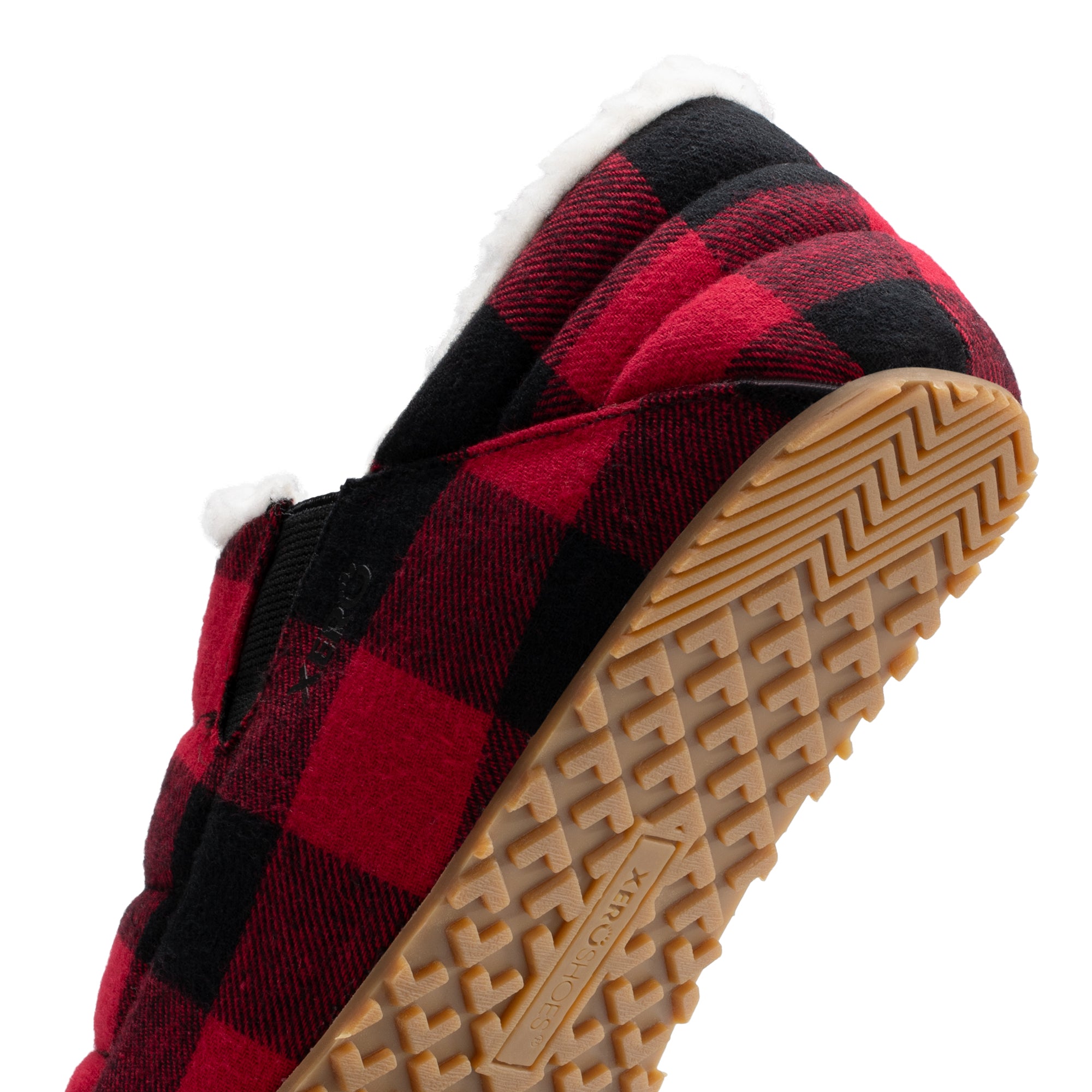 Xero Shoes Pagosa Cozy hjemmesko til dame i farven Buffalo Plaid, detalje af hælen