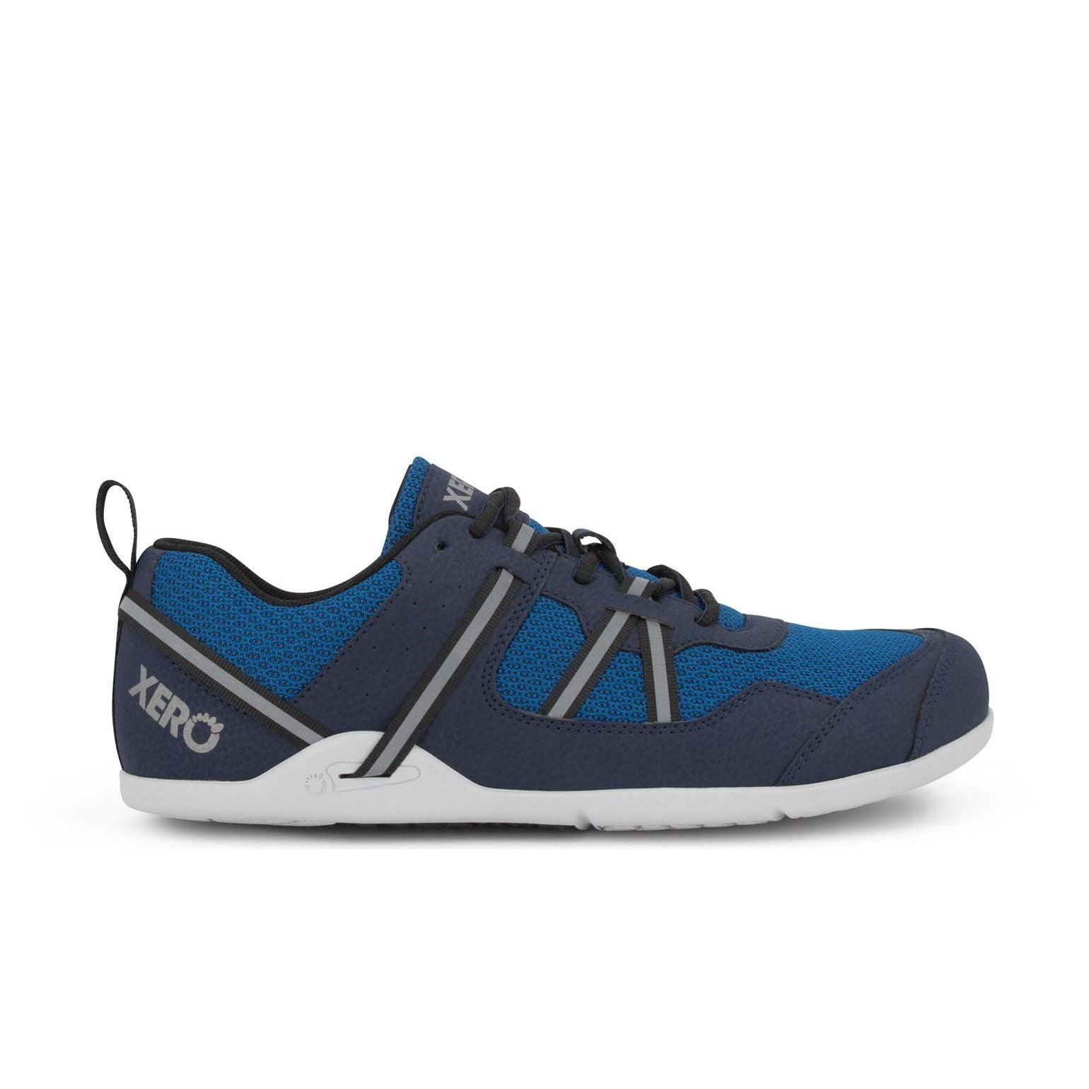 Xero Shoes Prio Men Mykonos Blue, minimalist barefoot shoe with blue mesh and navy overlays. Reflective straps and white rubber sole for natural movement and comfort.