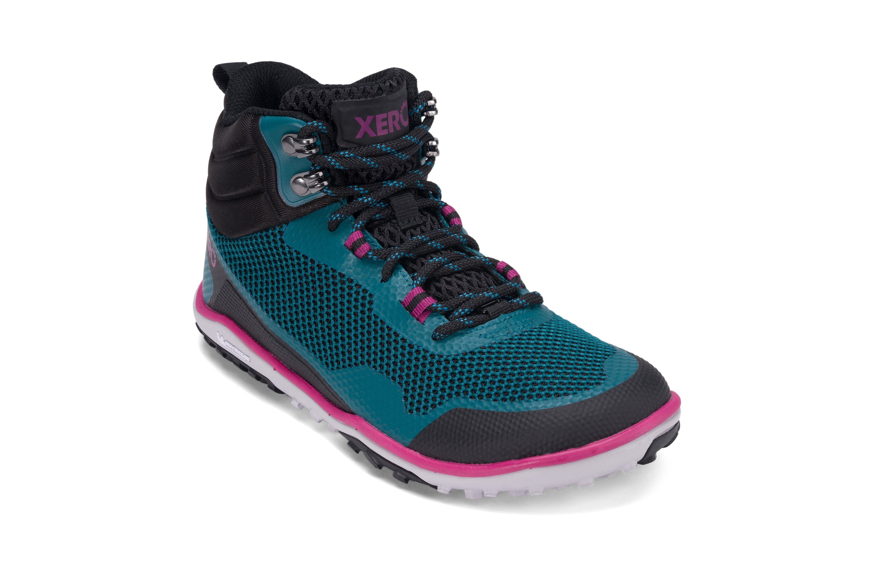 Xero Shoes Scrambler Mid Womens barfods lette vandrestøvler til kvinder i farven deep lake / fuschia, vinklet